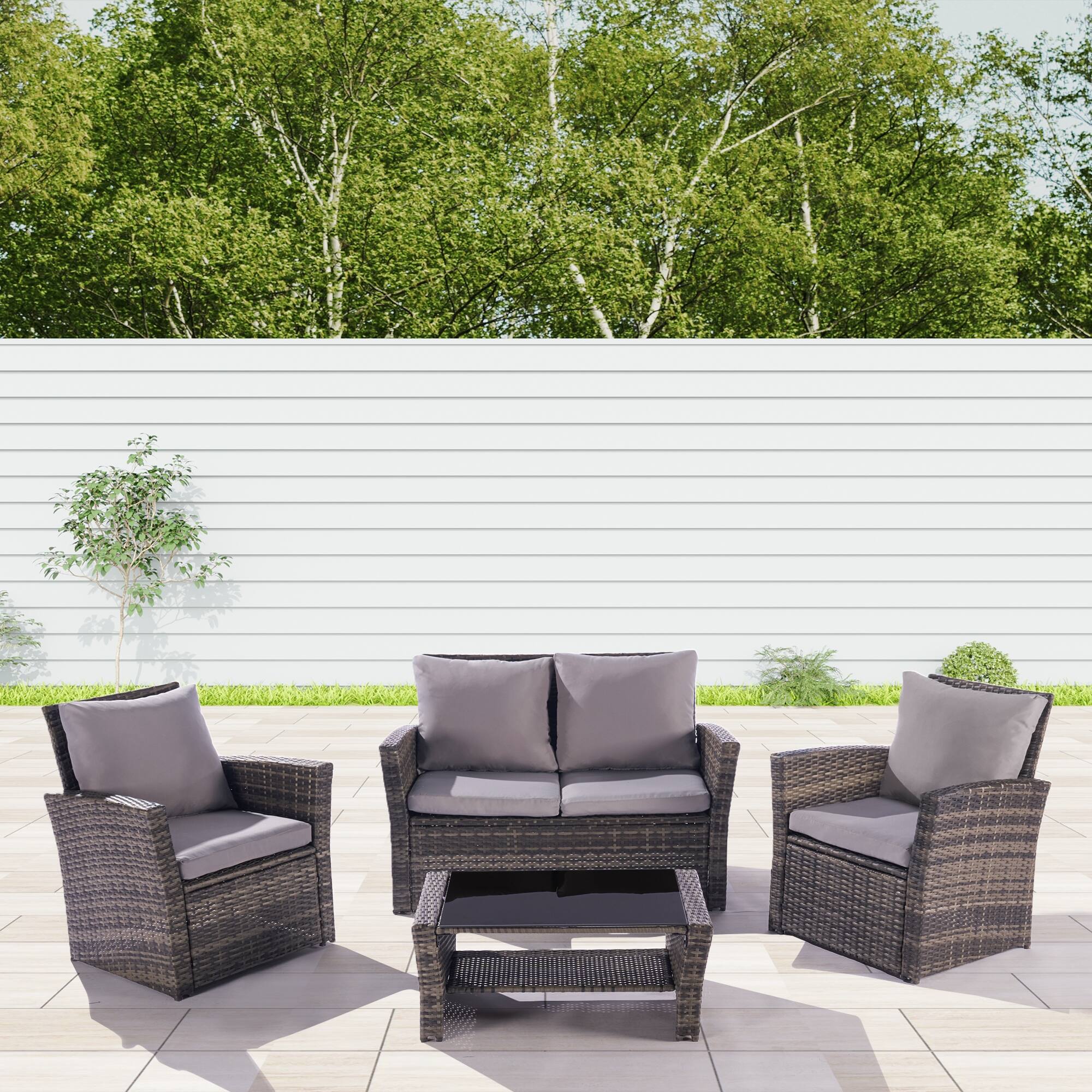 4-piece Modular Outdoor Rattan Sofa And Table Set With Tempered Glass