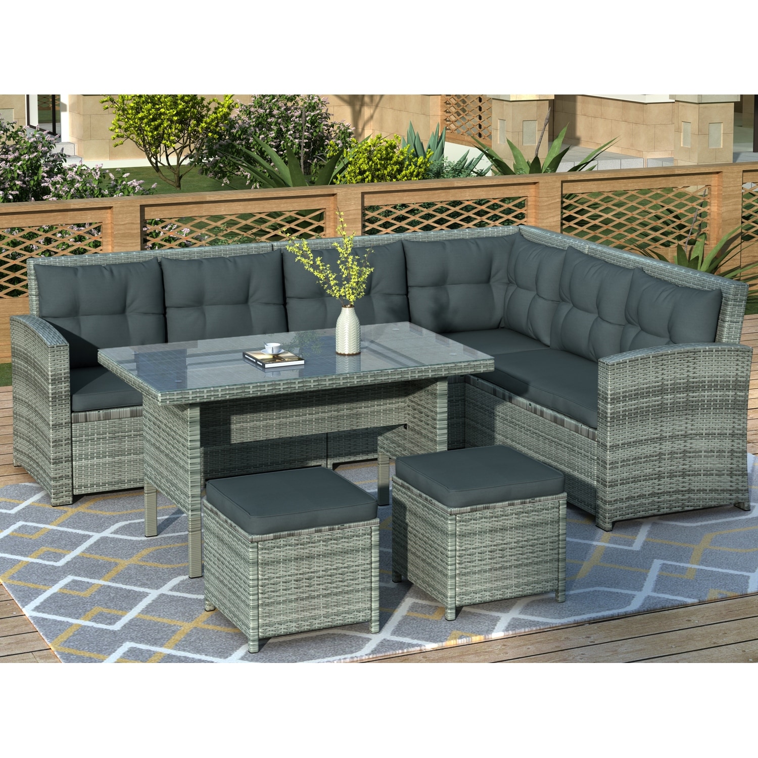 6-piece Rattan Patio Furniture Sectional Sofa Set  Seats 8