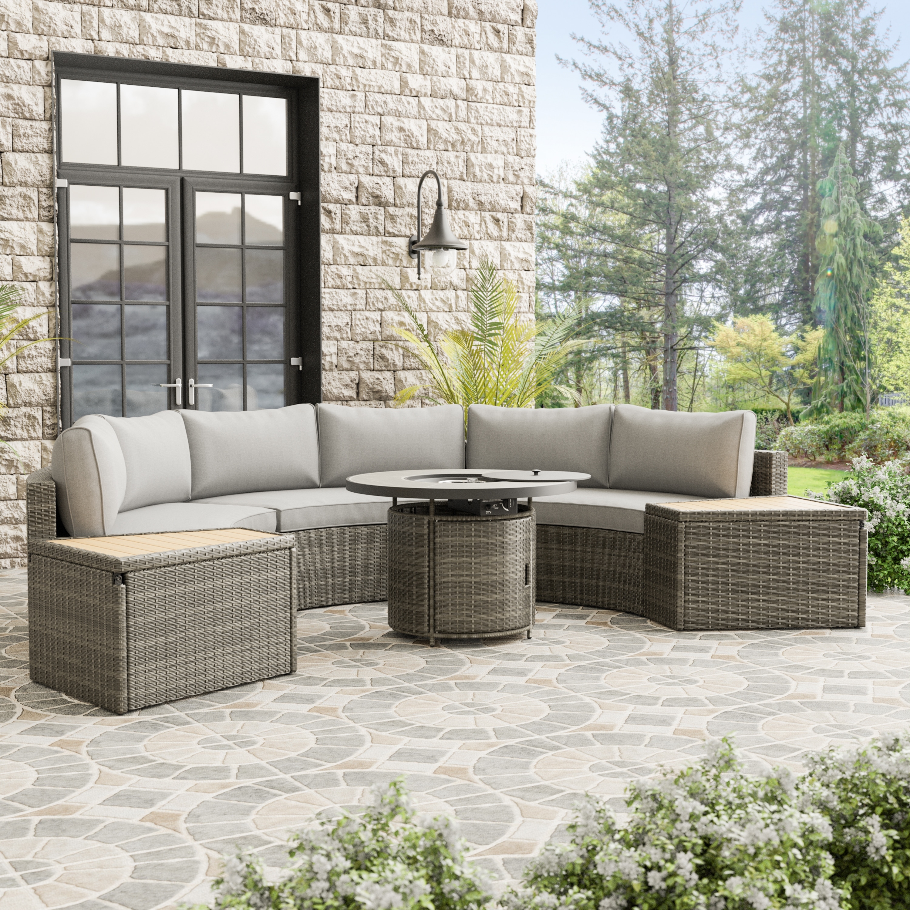 Derek 6-piece Outdoor Patio Conversational Sectional Sofa Set With 2 End Tables And Firepit