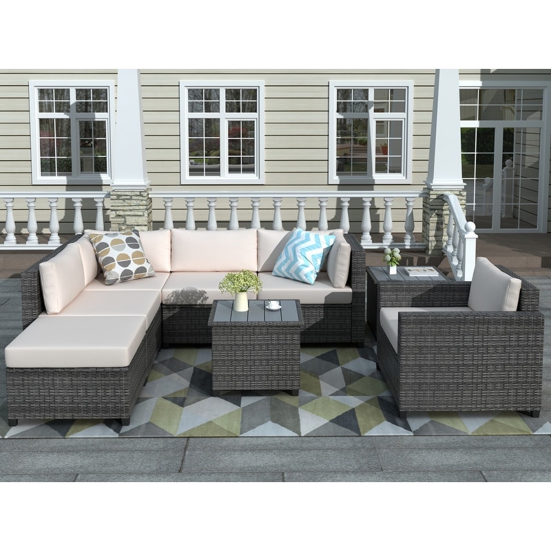 8 Piece Rattan Sectional Seating Group With Cushions  Patio Furniture Sets  Outdoor Wicker Sectional Sofa Set With Coffee Table