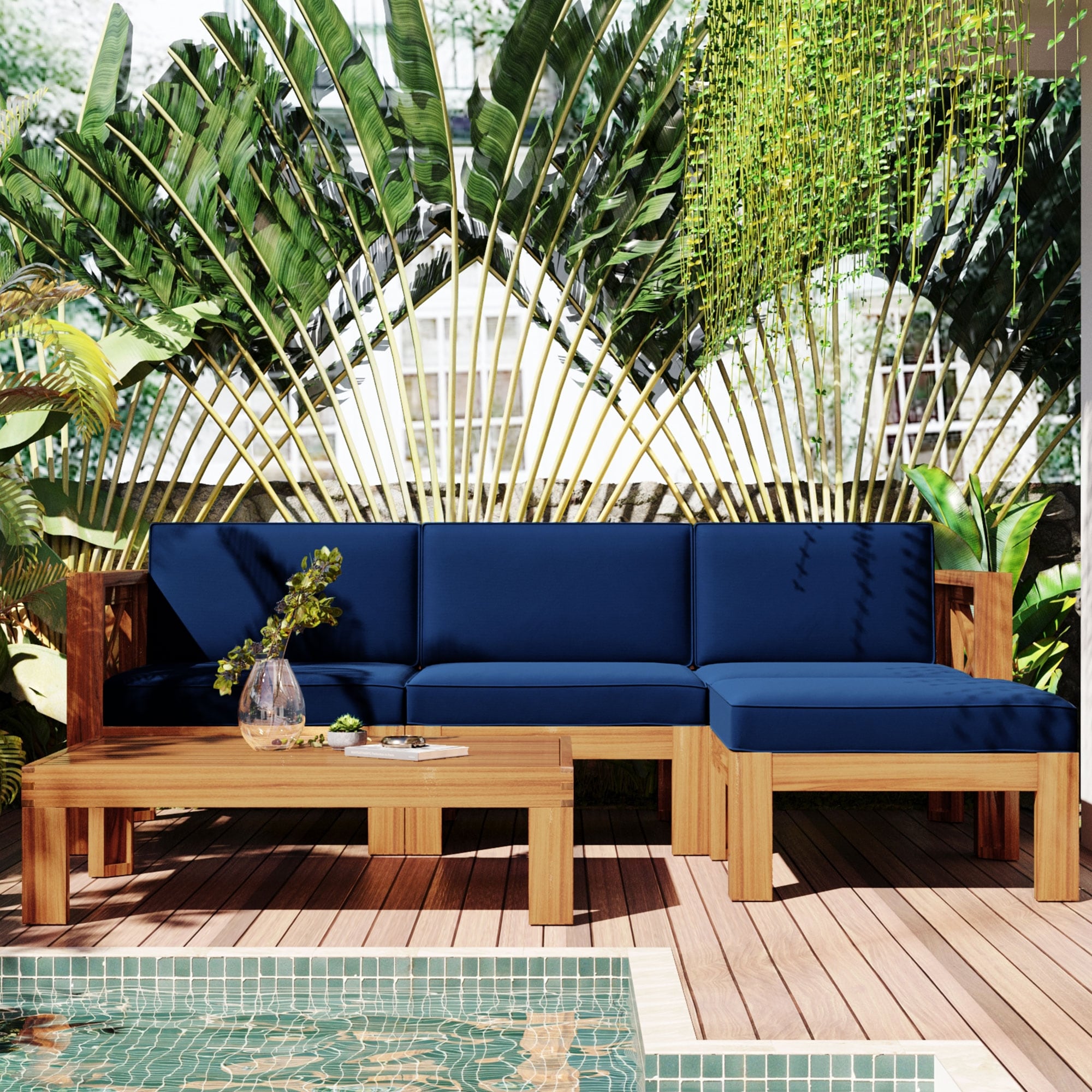 Outdoor Backyard Patio Wood Sofa Set  Modern 5-piece Sectional Sofa Seating Group Set With Cushions