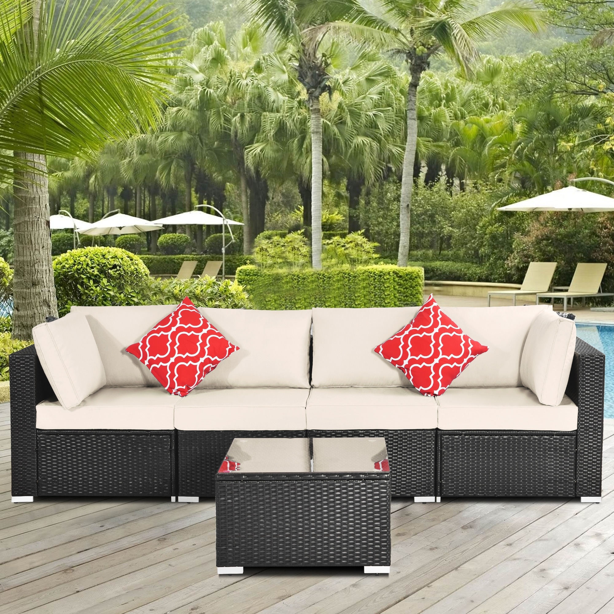 5-piece Garden Patio Furniture Sofa Set With Glass Table