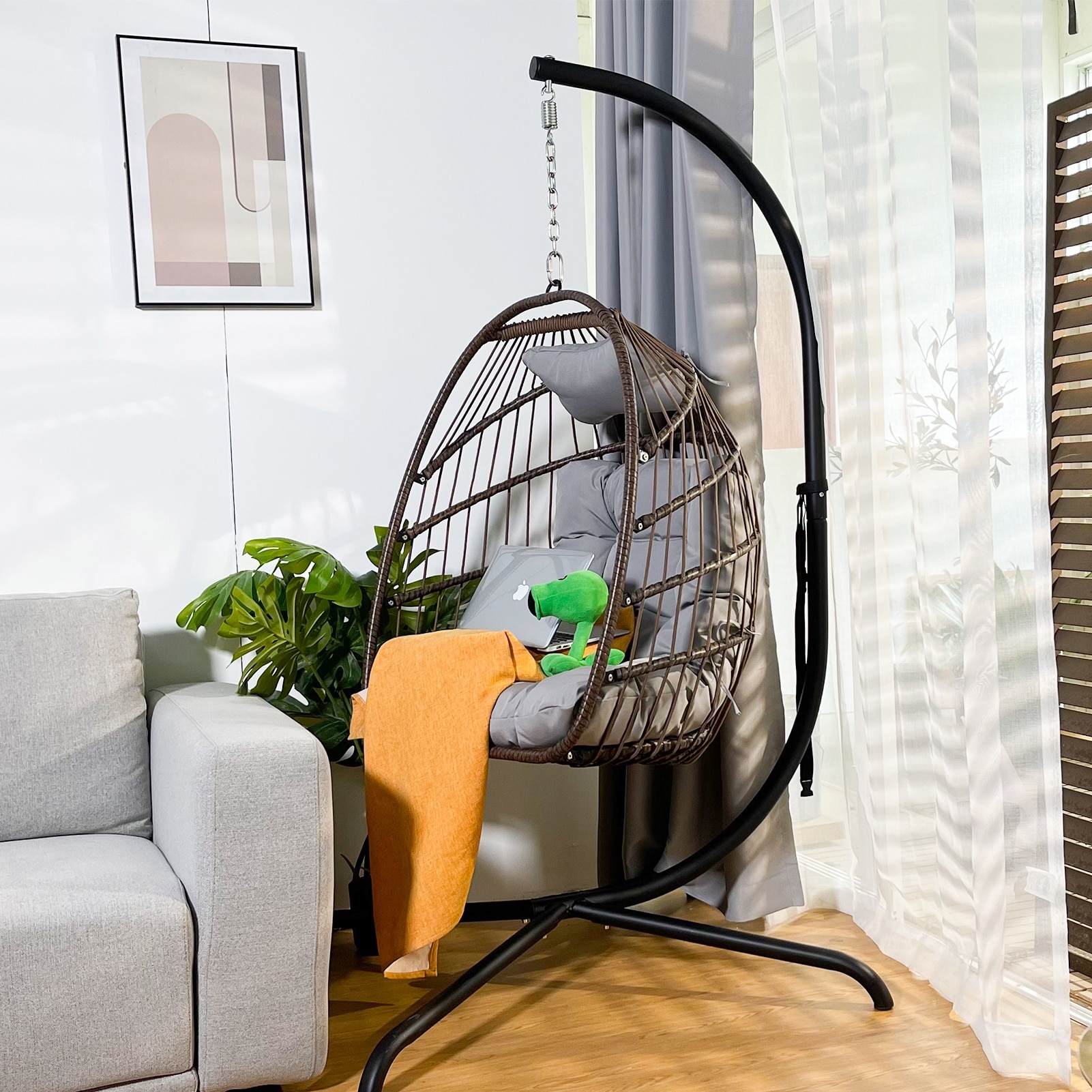 Swing Egg Chair With Stand Indoor Outdoor Wicker Rattan Patio Basket Hanging Chair