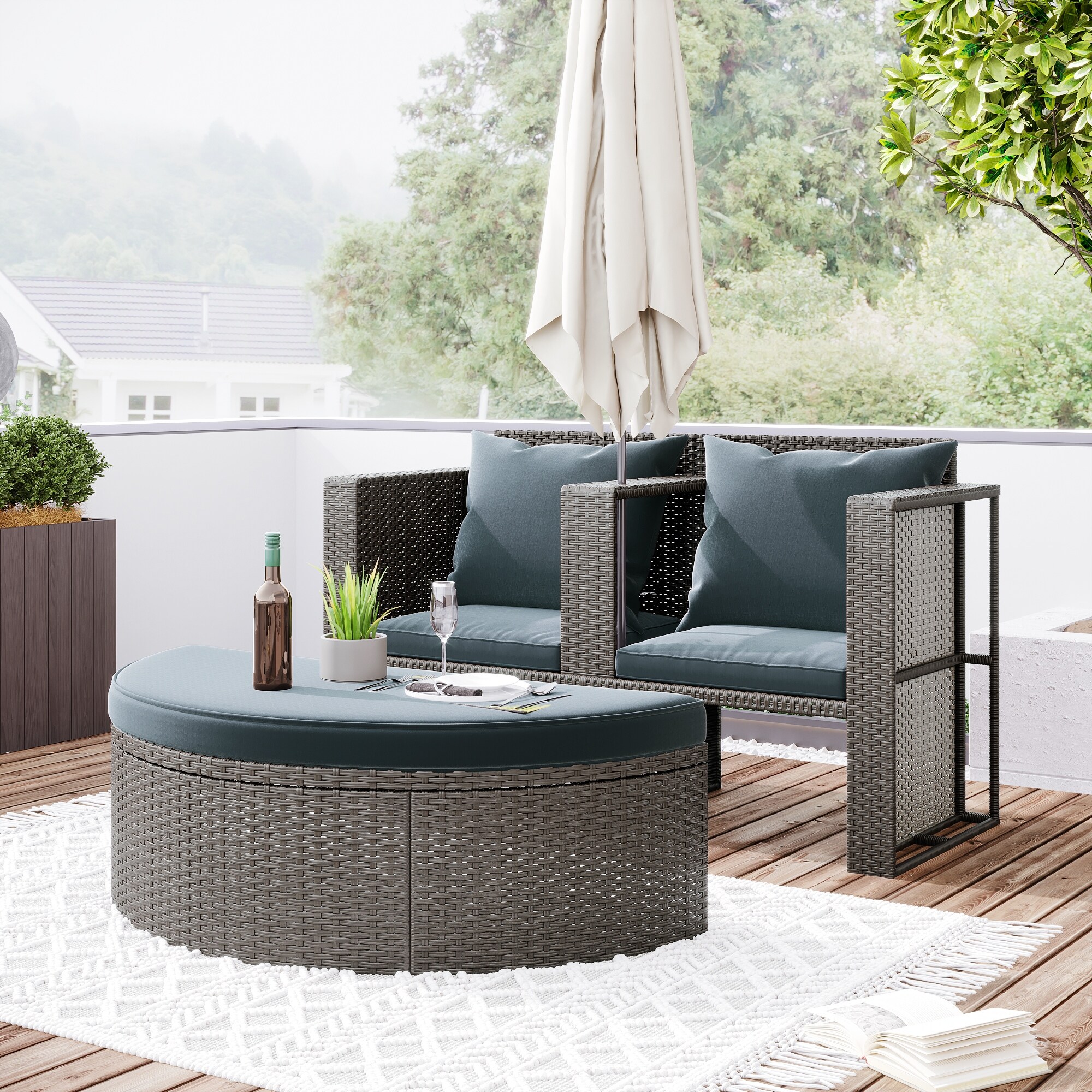 Outdoor Uv-proof Patio Pe Wicker Conversation Half-moon Sectional Sofa Set With Side Table For Umbrella  Gray Rattan