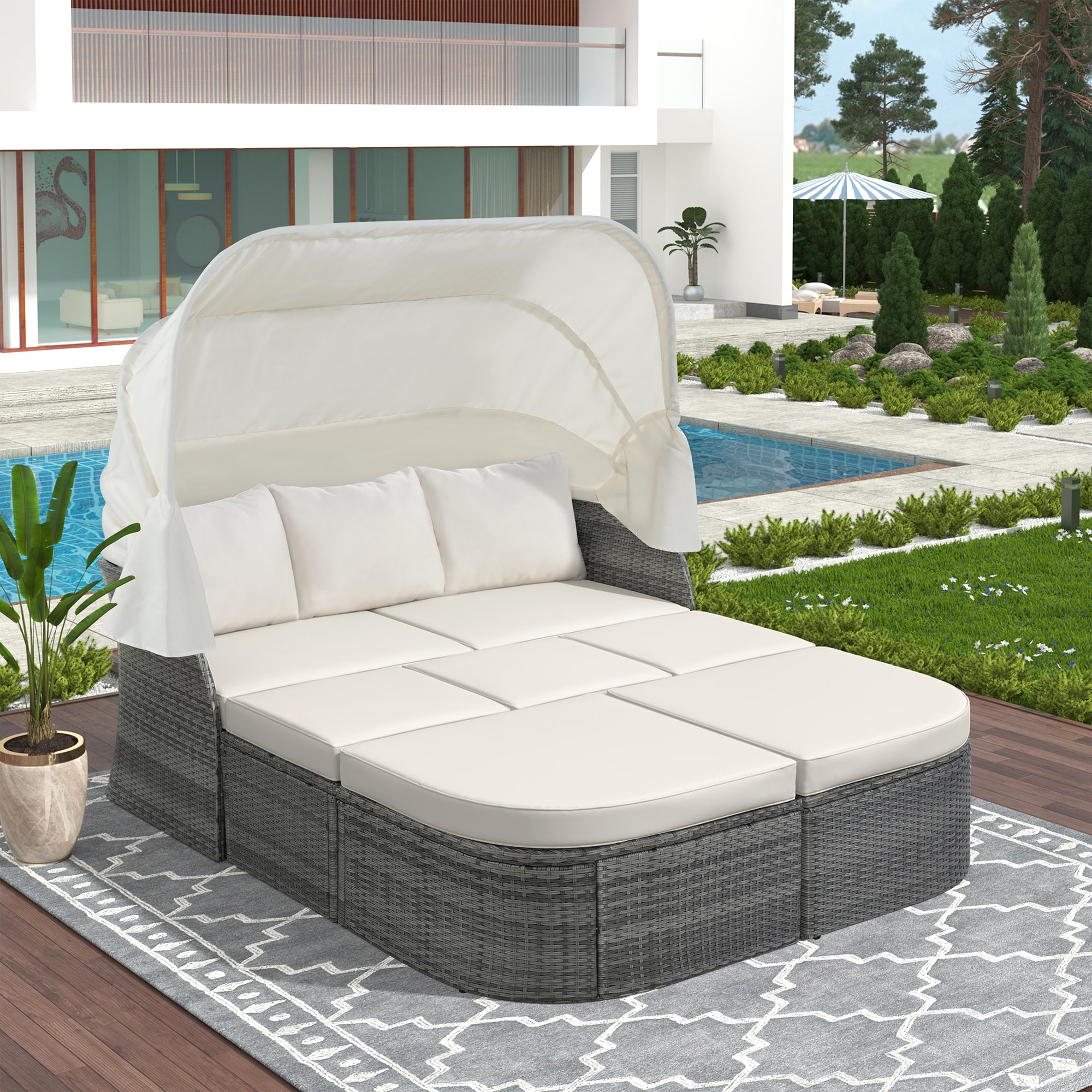 Outdoor Patio Daybed With Retractable Canopy wicker Furniture Conversation Set