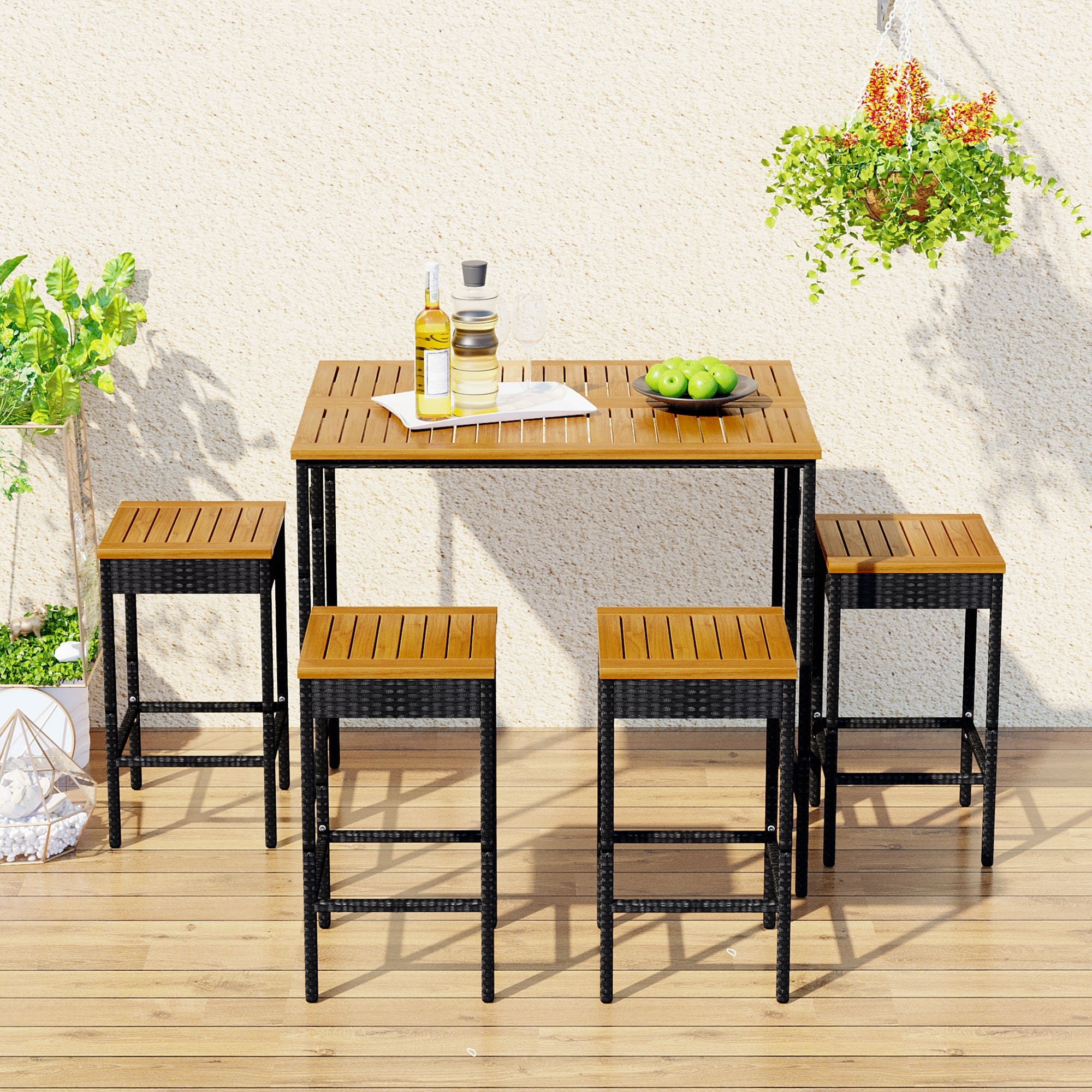 5-piece Patio Wicker Bar Set  Pe Rattan Dining Table  Square Stool Set  Foldable Acacia Tabletop With 4 Stools And 1 Table