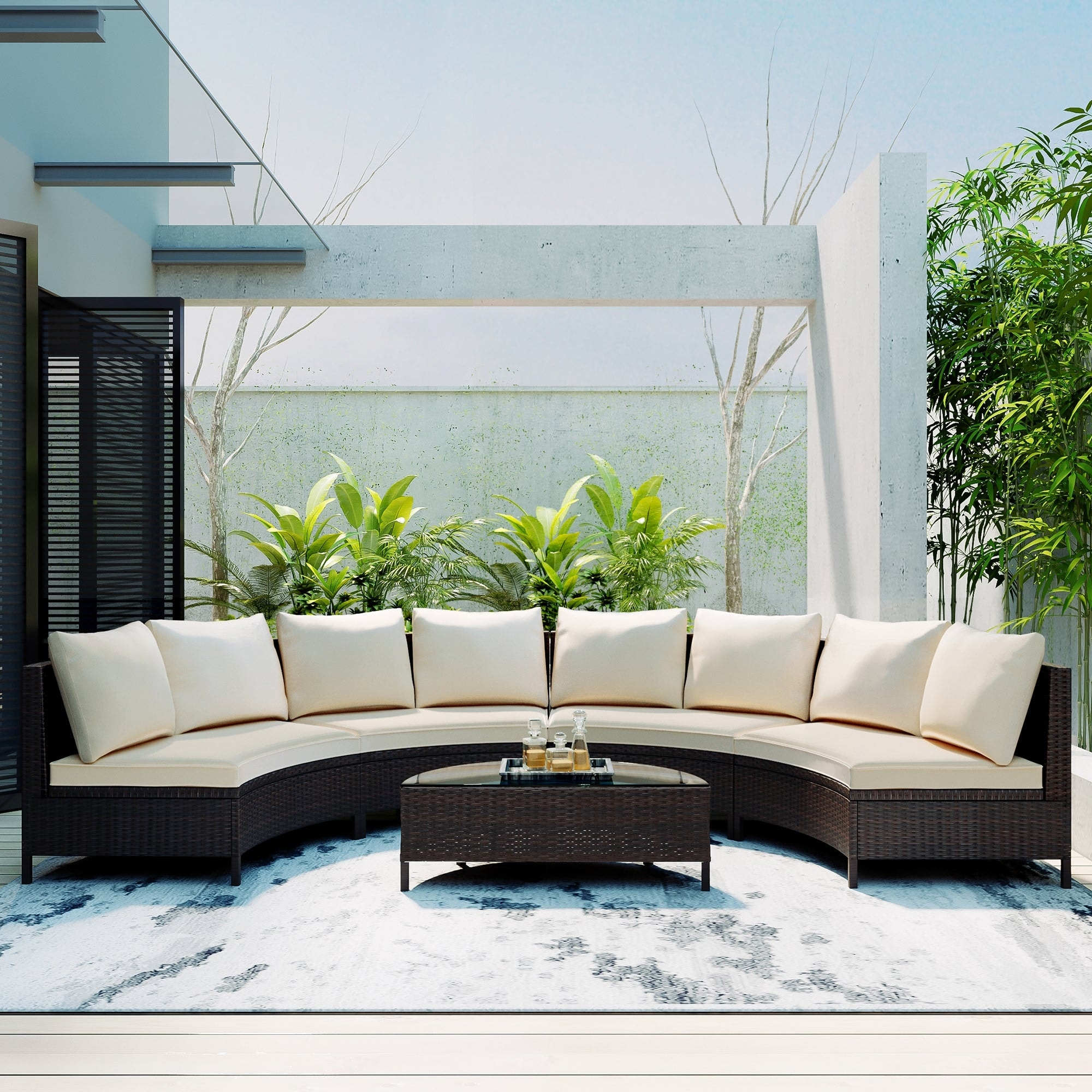 5 Pieces Outdoor Rattan Patio Sectional Sofa Set With Half-moon Glass Table