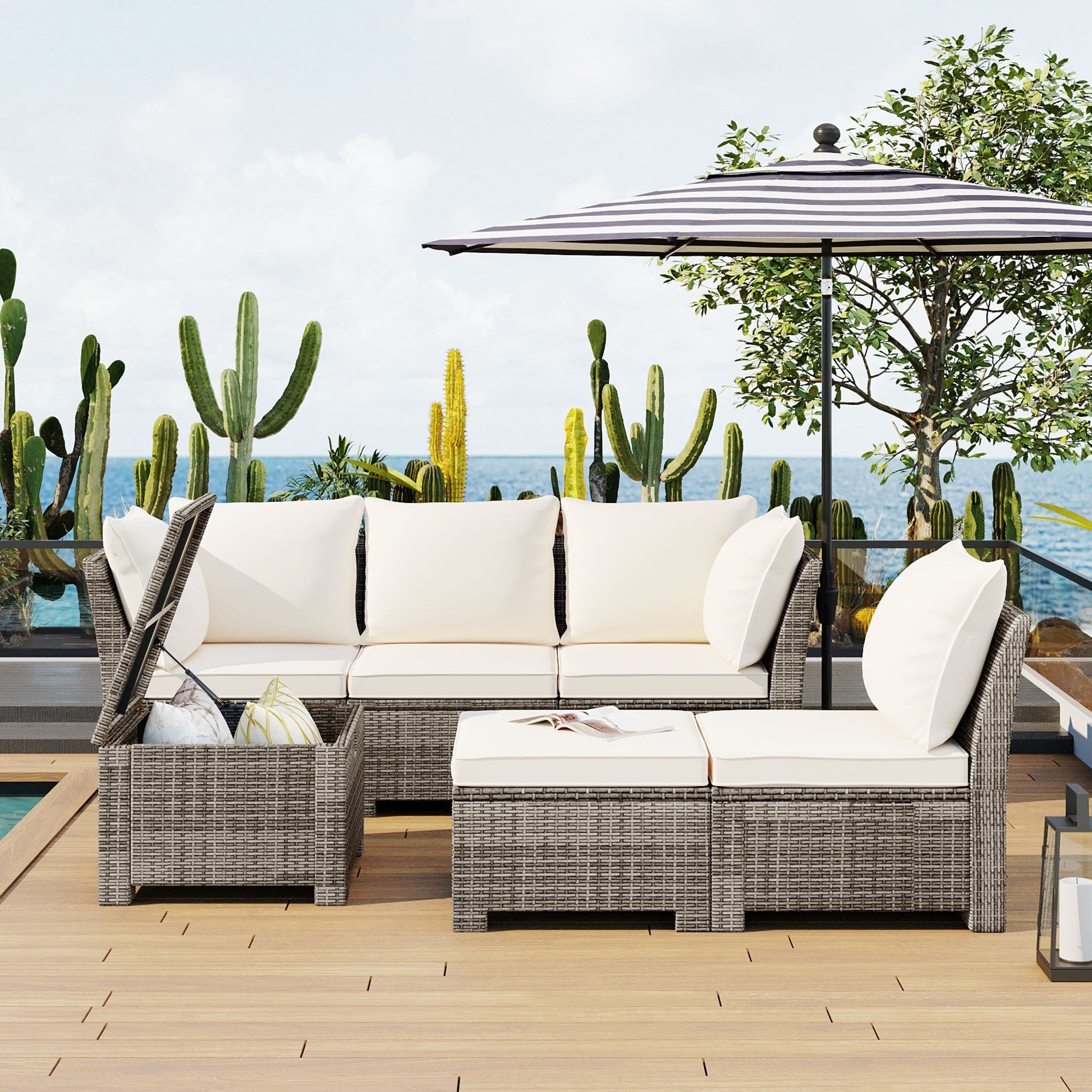 6-piece Outdoor Rattan Patio Sofa With Thick Cushions And Pillows