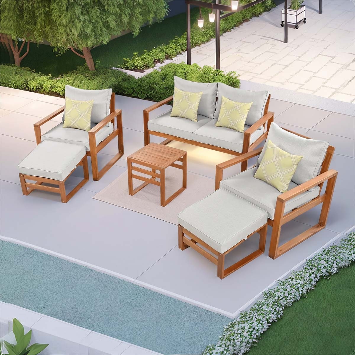 Outdoor Patio Wood 6-piece Conversation Set With Ottomans