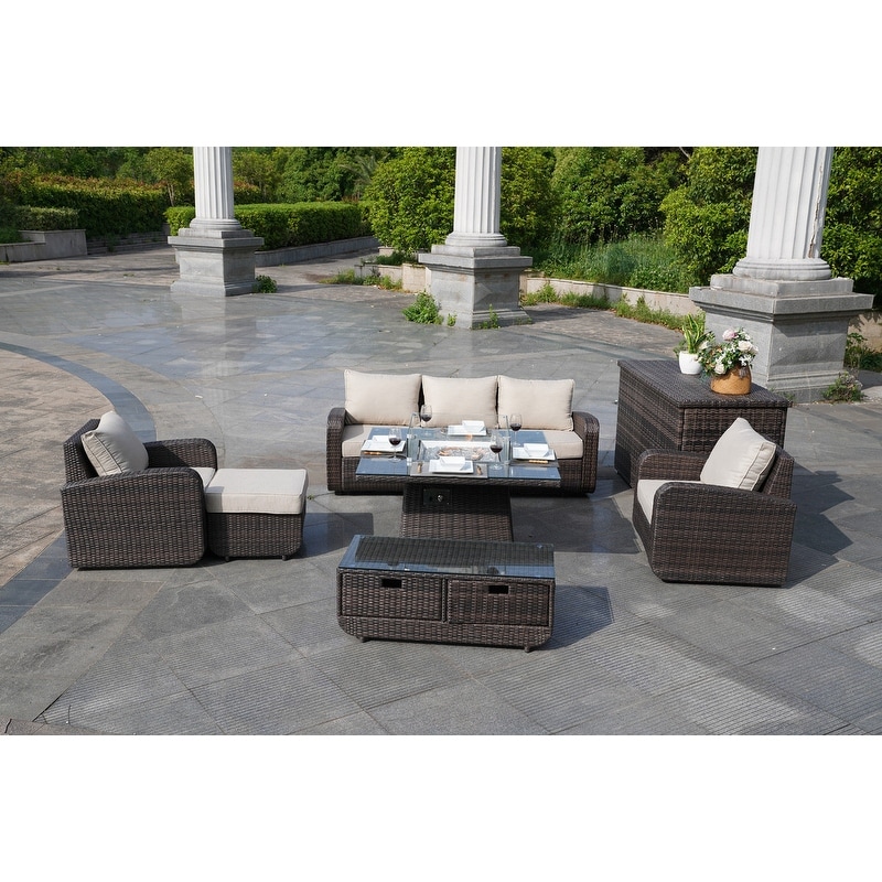 7-piece Patio Sofa Set With Firepit Table And Storage Box