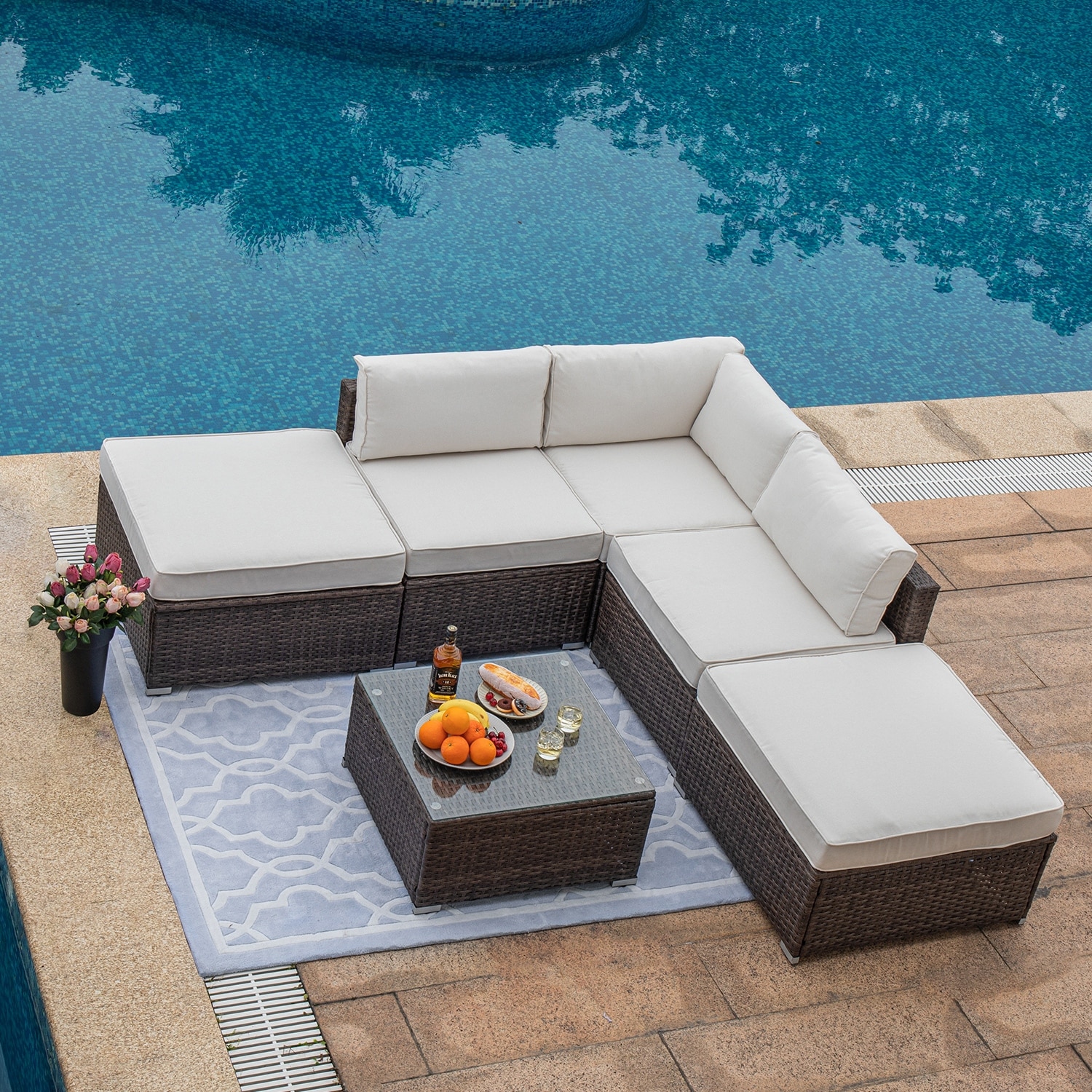 Cosiest 6-piece Off-white Outdoor Furniture Patio Wicker Sectional Sofa Set With Coffee Table