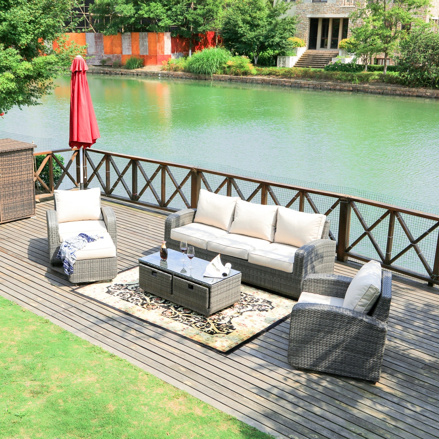 5-piece Wicker Patio Sofa Set With Drawer Table By None
