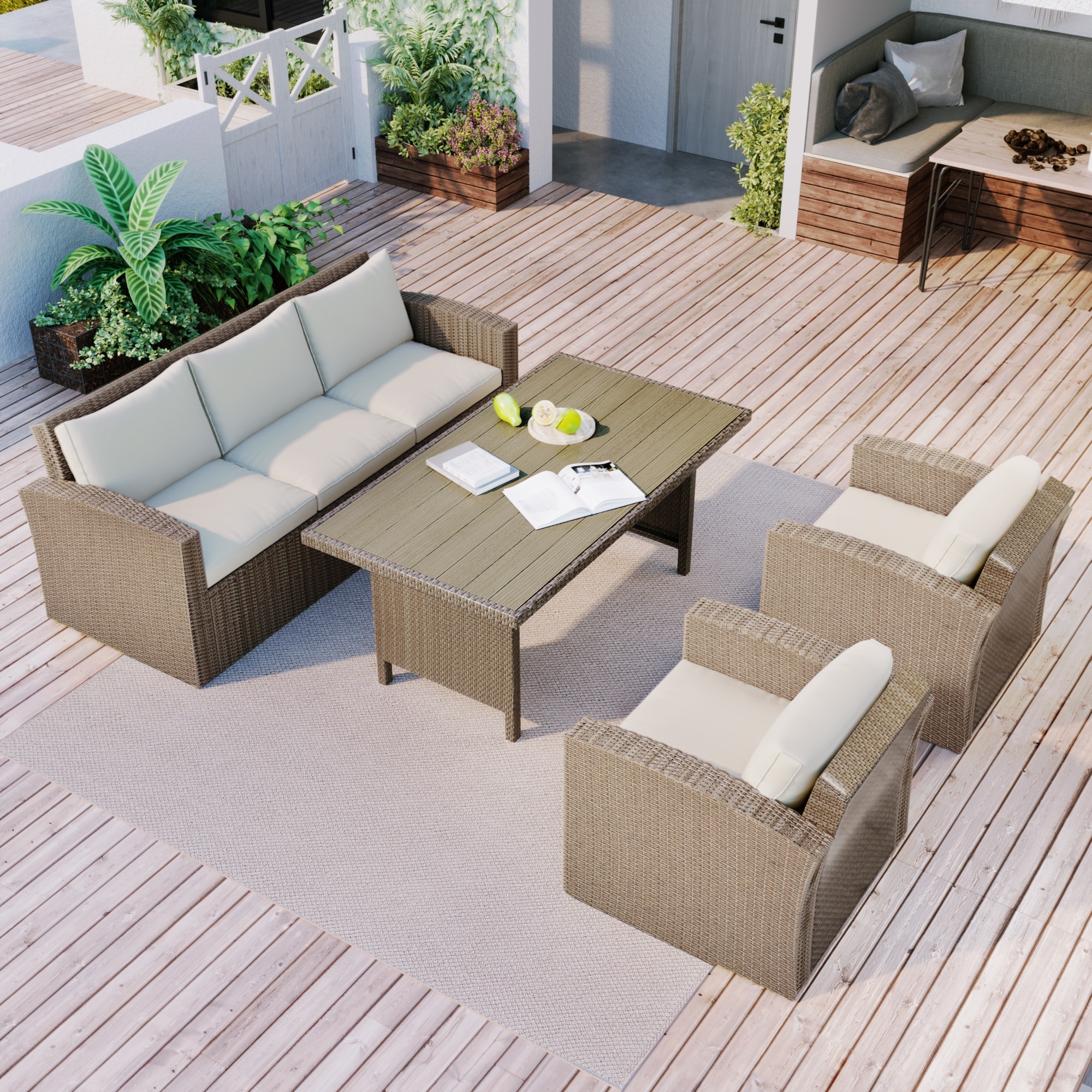 Outdoor Patio Furniture Set 4 Piece Conversation Set Wicker Furniture Sofa Set With Beige Cushions