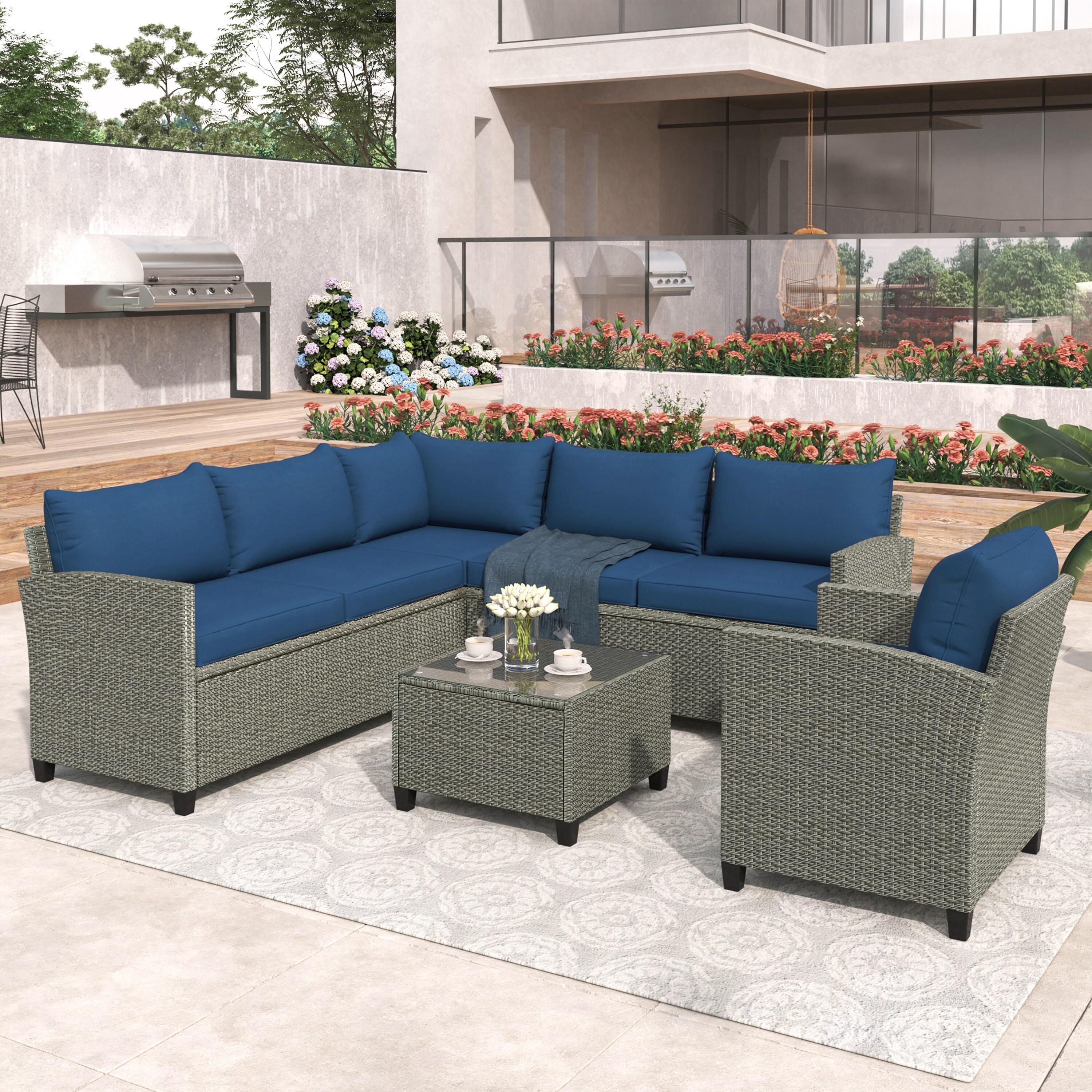 5 Piece Outdoor Conversation Set  Patio Furniture Pe Rattan Sectional Sofa Set With Coffee Table  Cushions And Single Chair