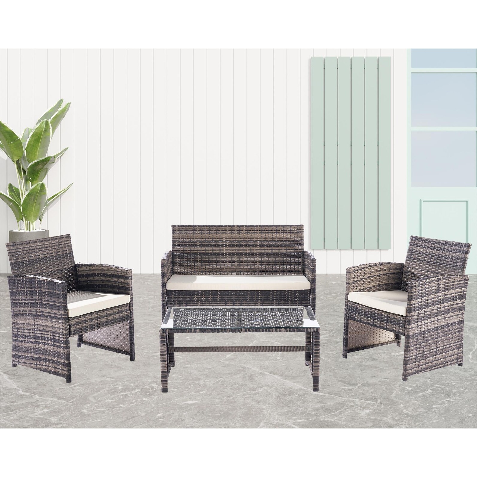 4 Piece Modular Outdoor Rattan Sofa And Table Set With All-weather Wicker
