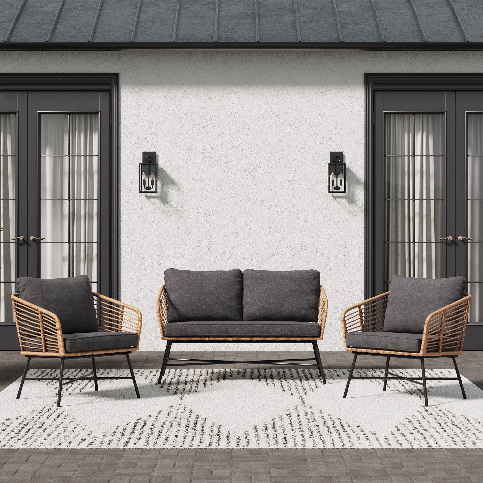 Flow Bohemian 3-piece Wicker Furniture Set  Rattan Patio Conversation Set With Cushions