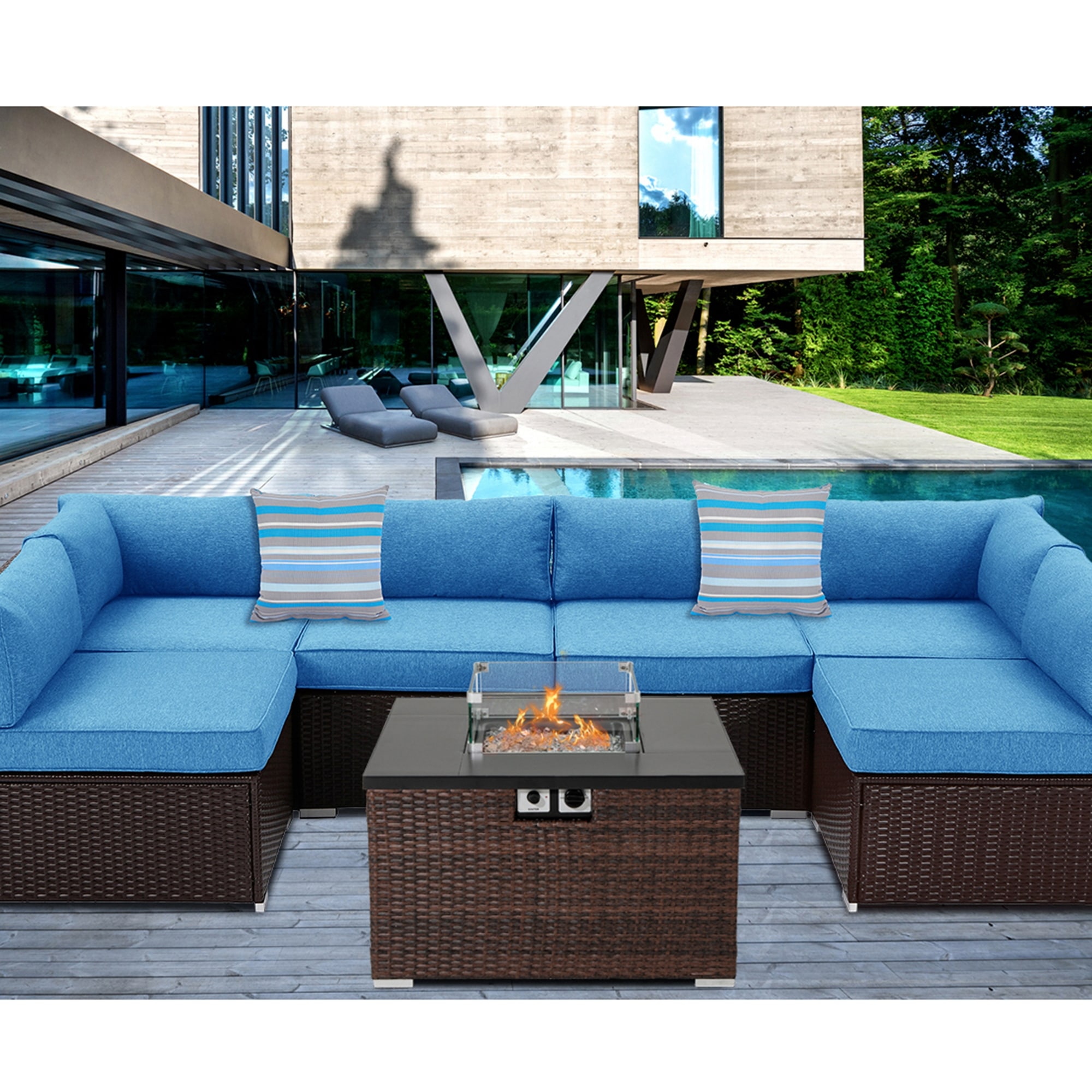 Cosiest Outdoor 7 Piece Table Patio Furniture Set With Fire Table glass Wind Guard