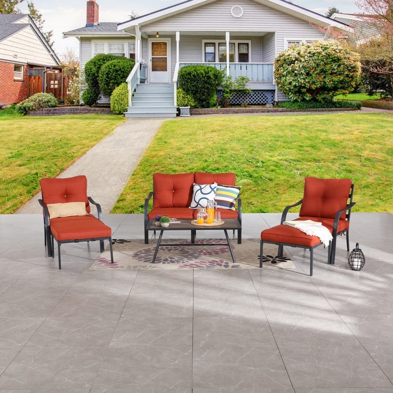 Patio Festival Curve-arm 7-piece Outdoor Conversation Set With Red Cushions