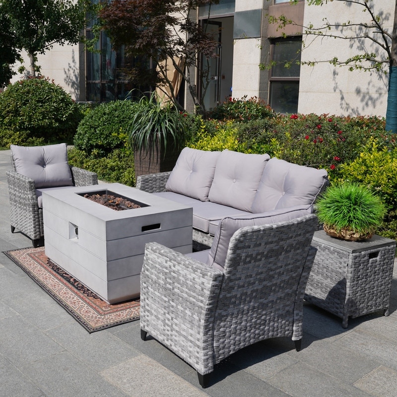 Patio Wide Cane Sofa With Holve Concrete Fire Pit Table