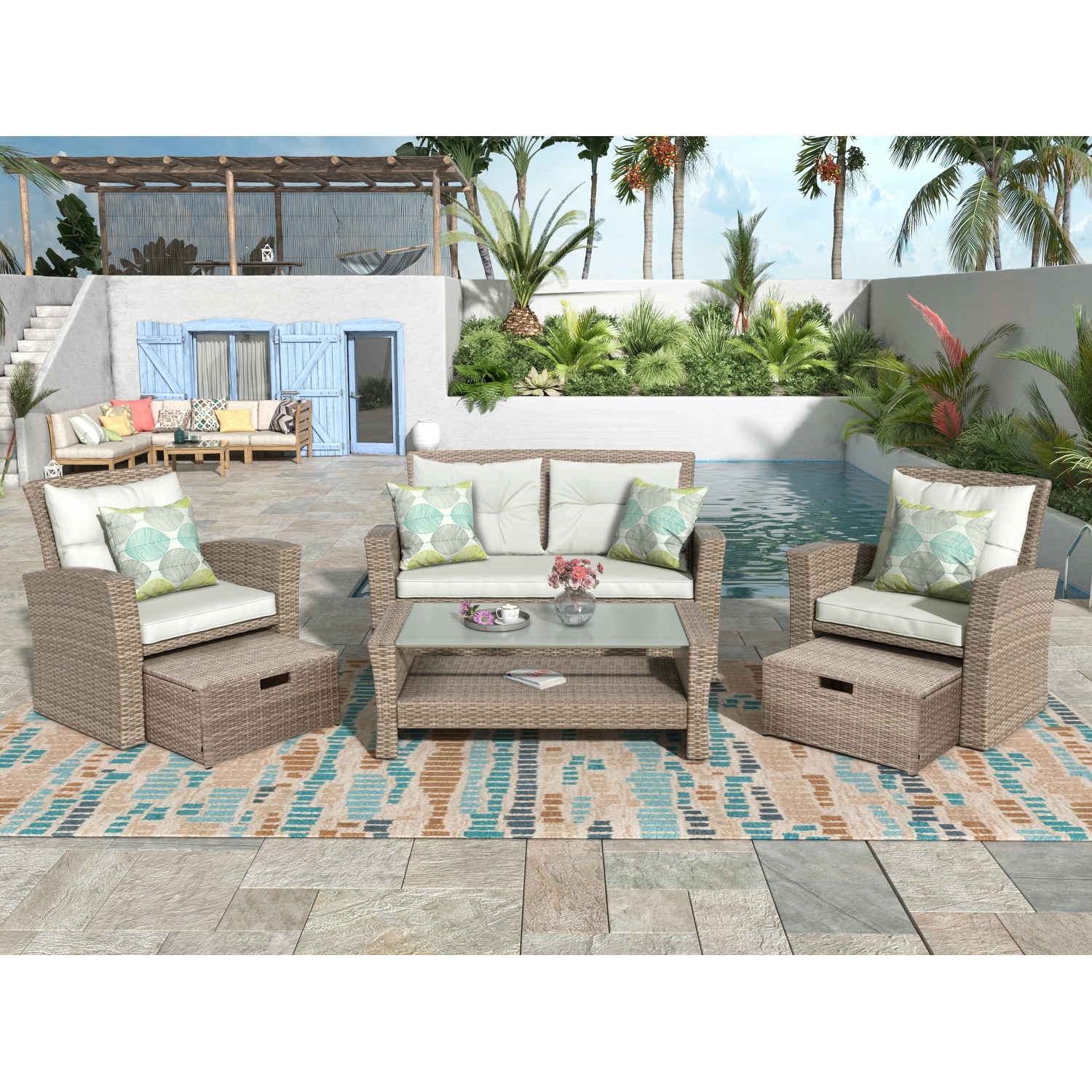 4 Piece Outdoor Conversation Set All Weather Wicker Sectional Sofa  Patio Furniture Set