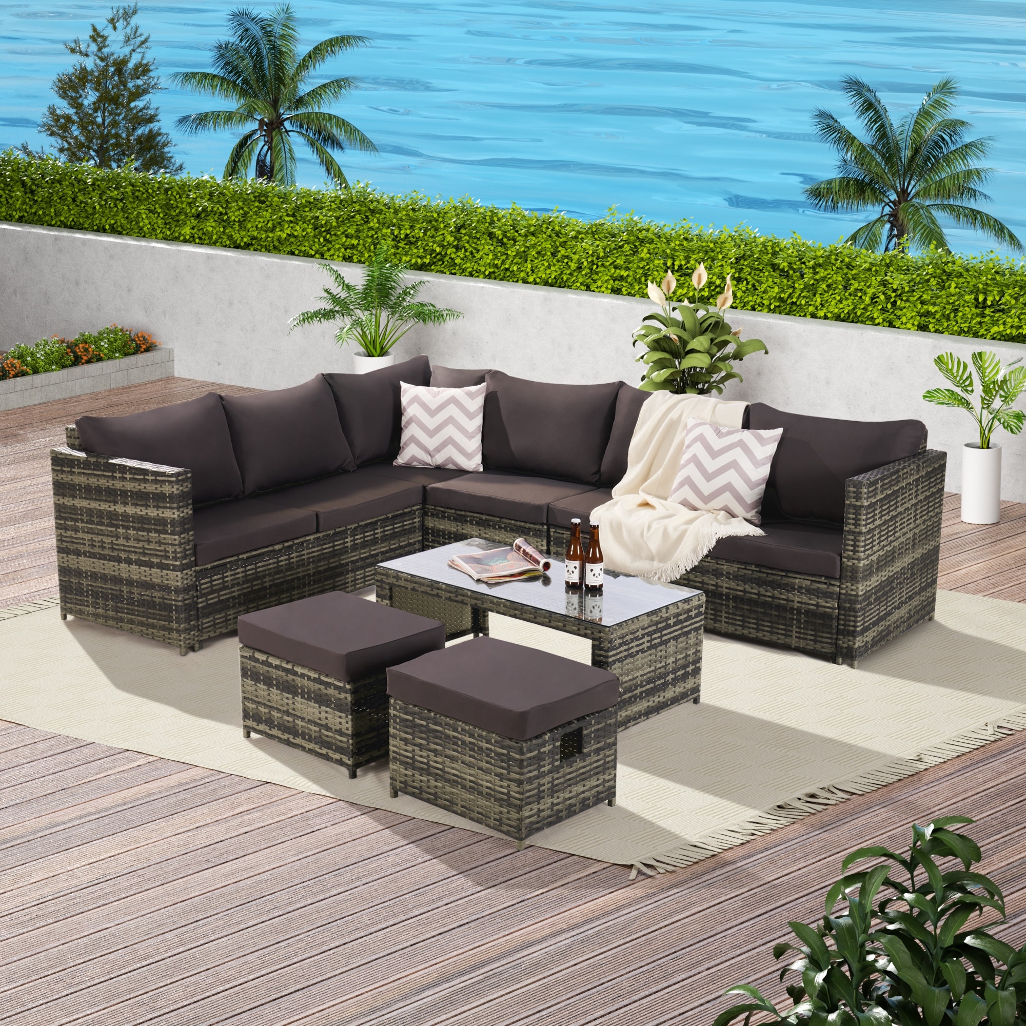 7-piece All-weather Rattan Outdoor Garden Table Set  Modular Wicker Furniture