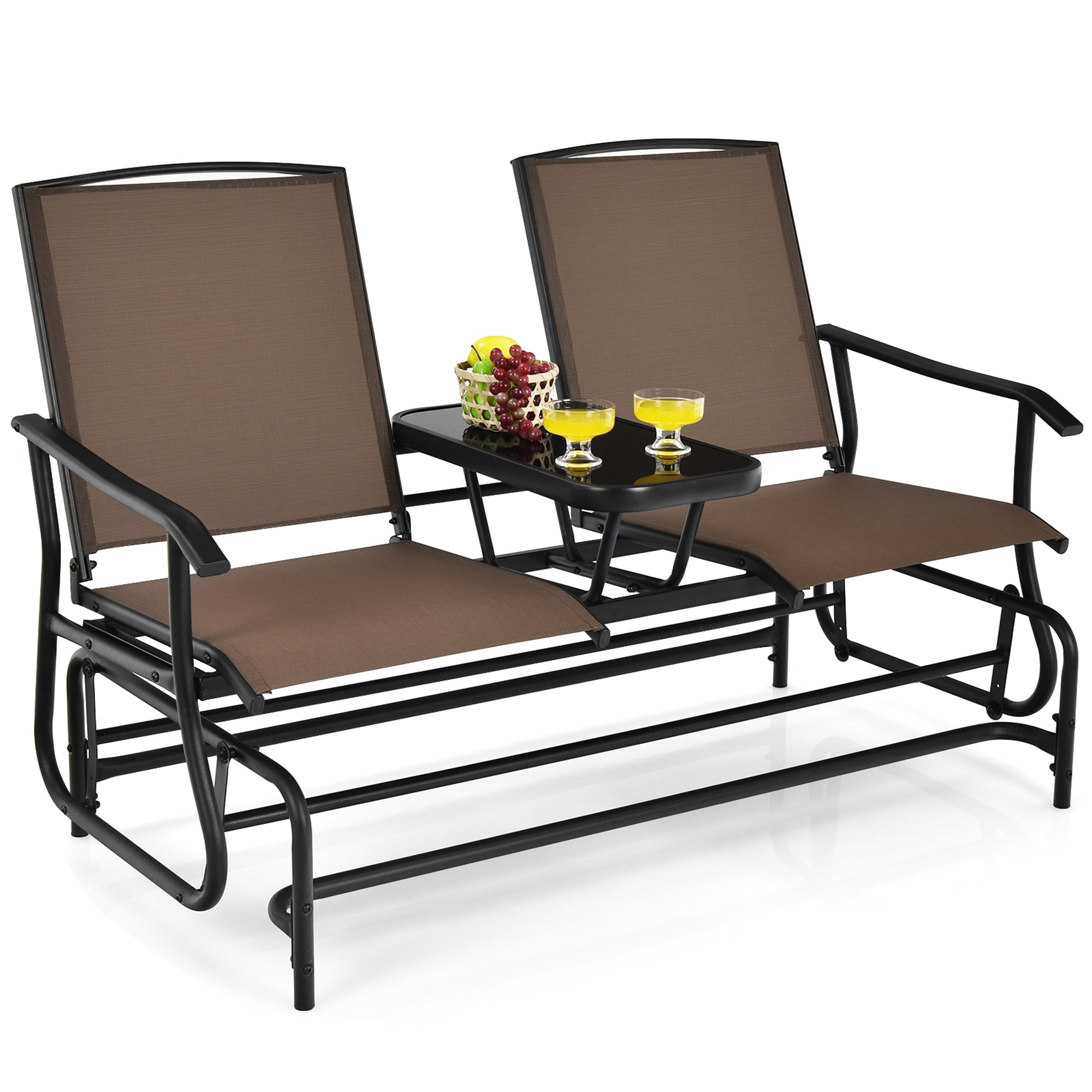 2-person Double Rocking Loveseat With Center Tempered Glass Table