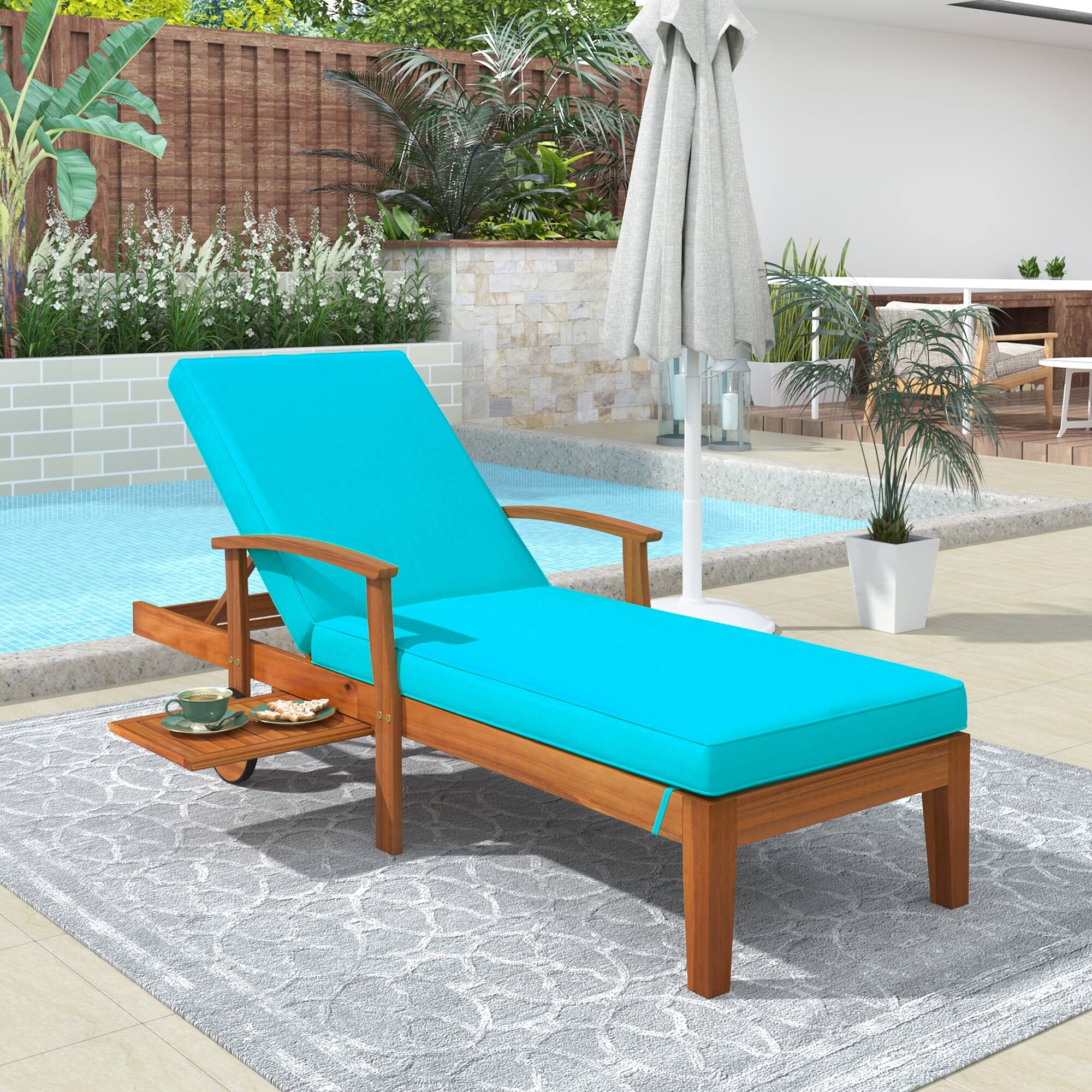 Solid Wood Chaise Lounge Patio Reclining Daybed With Sliding Cup Table