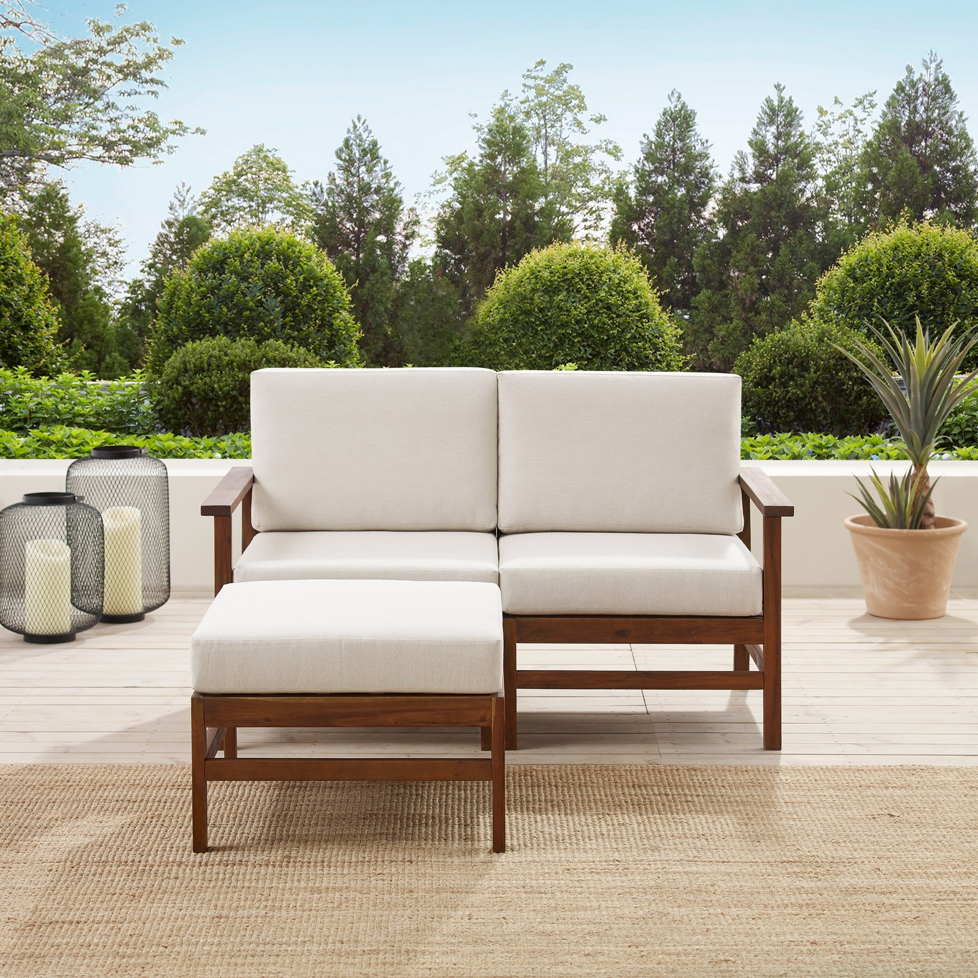 Middlebrook Solid Acacia Patio Love Seat And Ottoman