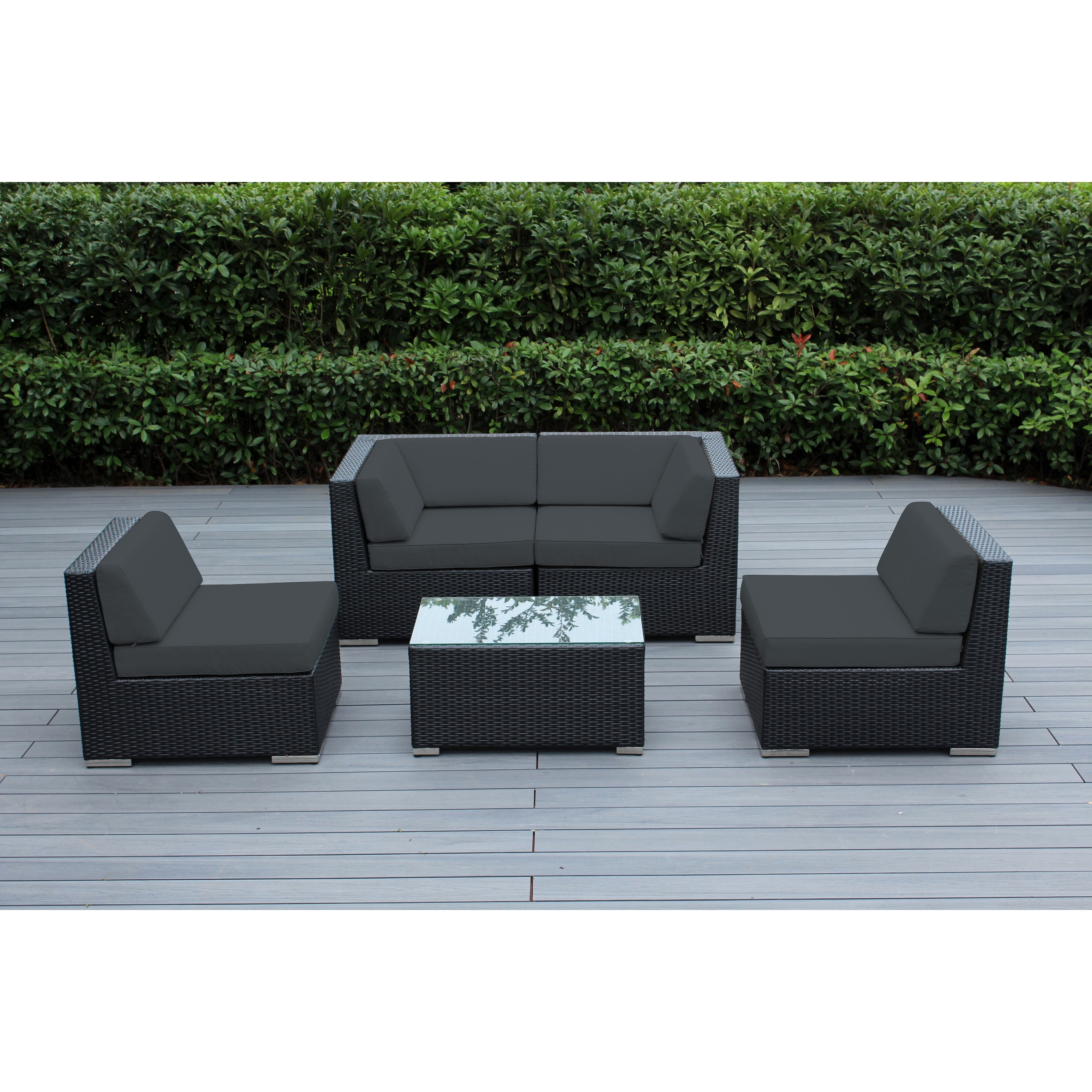 Ohana Outdoor Patio 5 Piece Black Wicker Sectional With Cushions - No Assembly