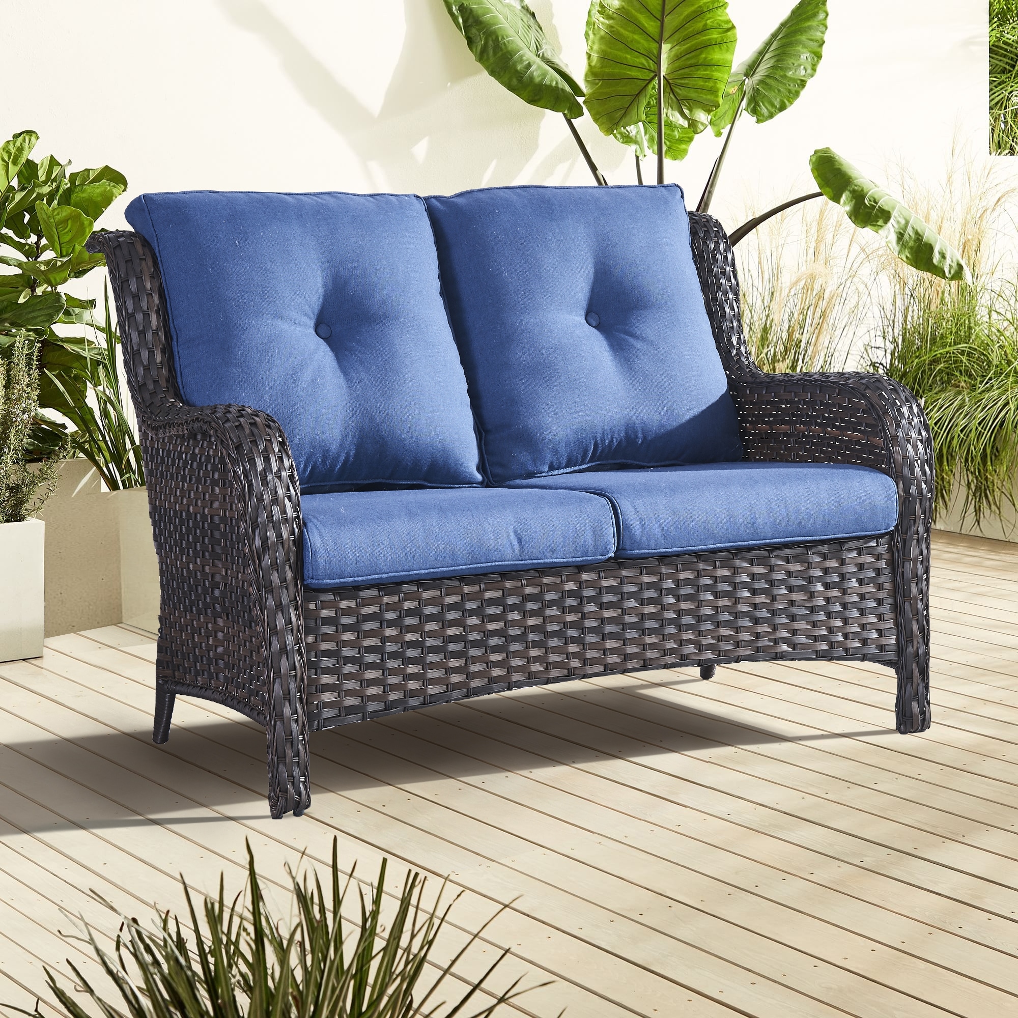 Outdoor High-back Wicker Loveseat Sofa For Home Garden