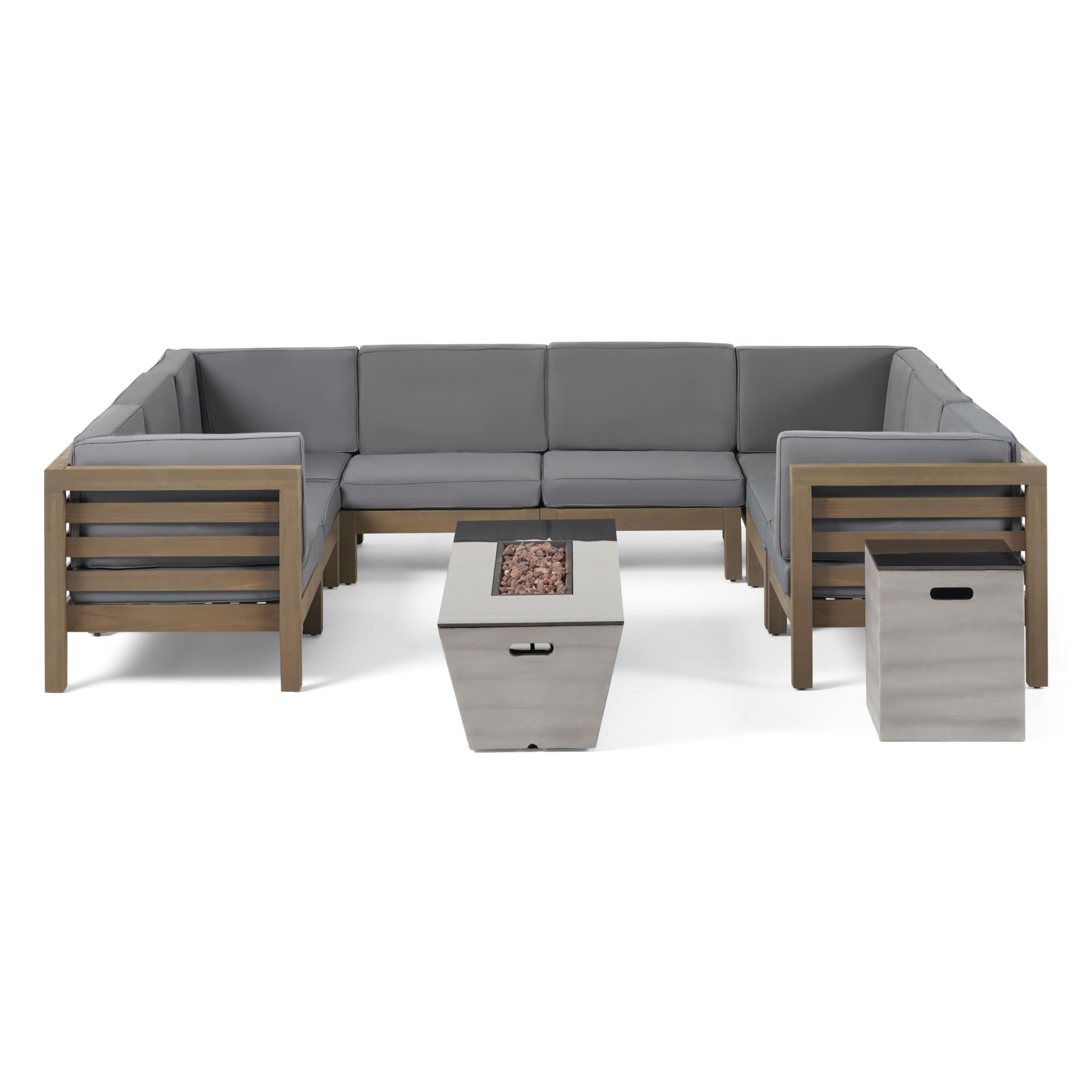 Lono Outdoor Modern 8 Seater Acacia Wood Sectional Sofa Set With Fire Pit And Tank Holder By Christopher Knight Home