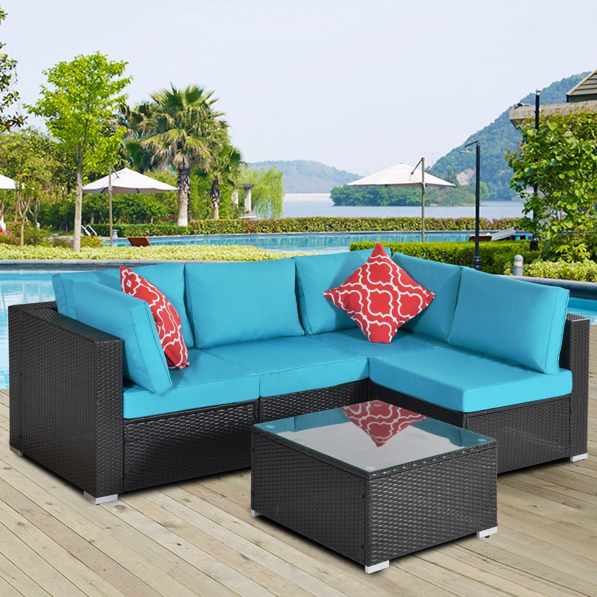 7-pieces Outdoor Patio Furniture Sets For 4-5  Garden Sofa Set With 2 Single Sofa Chair  2 Single Corner Chair and 1 Coffee Table.