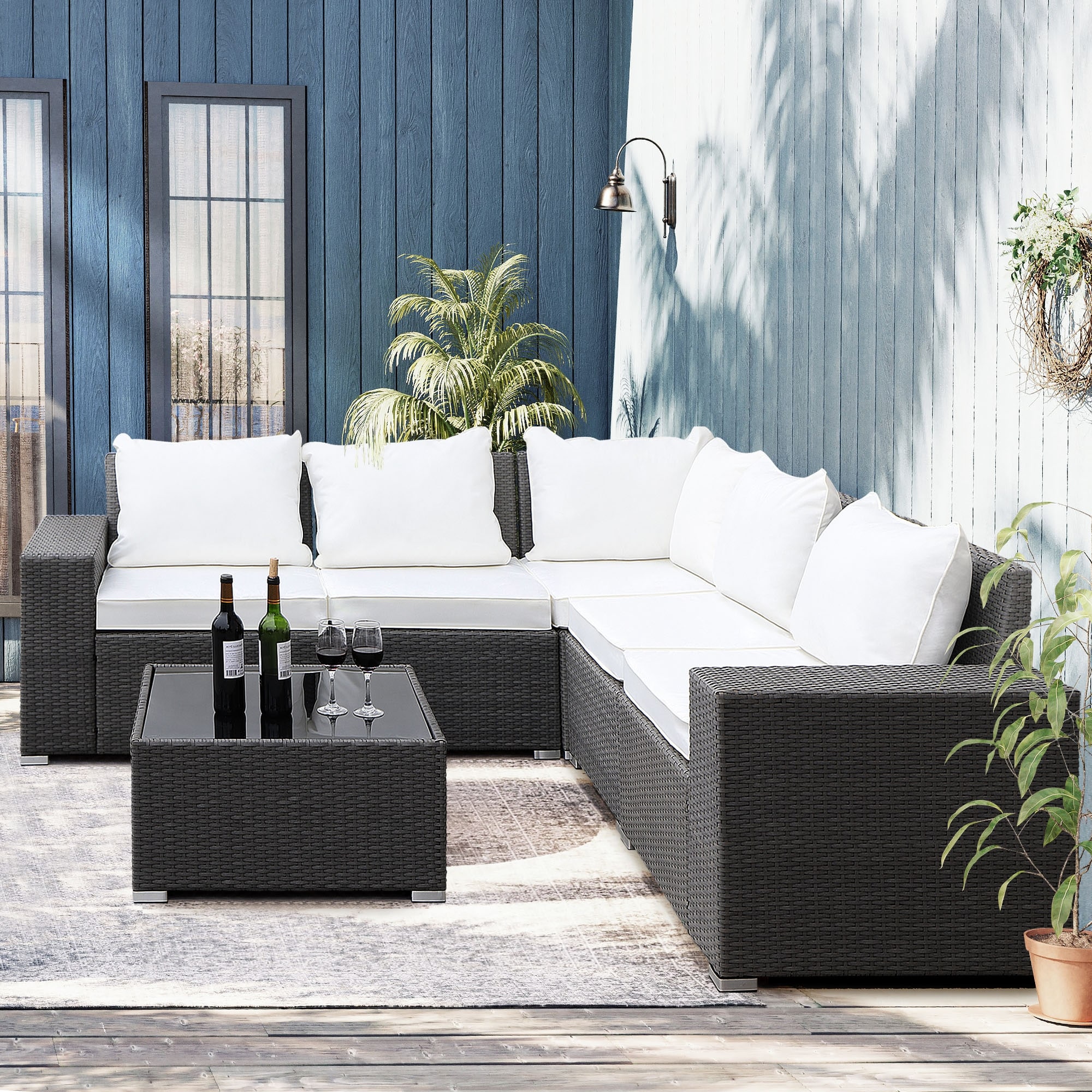 Grey 6-piece Gray Metal Pe Rattan Garden Furniture Sofa Set  Space-saving  Modular  No Assembly