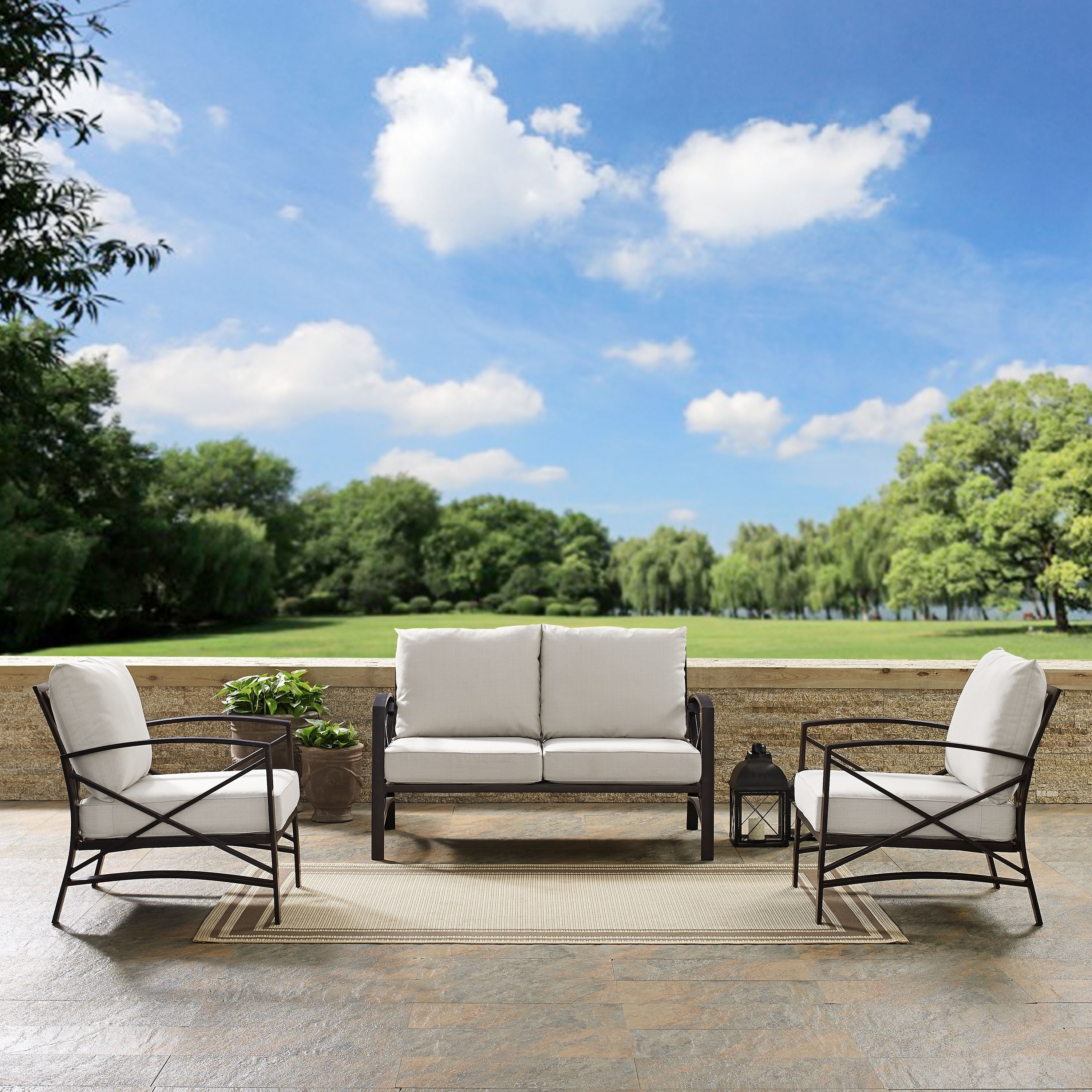 Kaplan 3 Pc Outdoor Seating Set With Oatmeal Cushion - Loveseat  Two Outdoor Chairs - 137w X 35.5h X 65d
