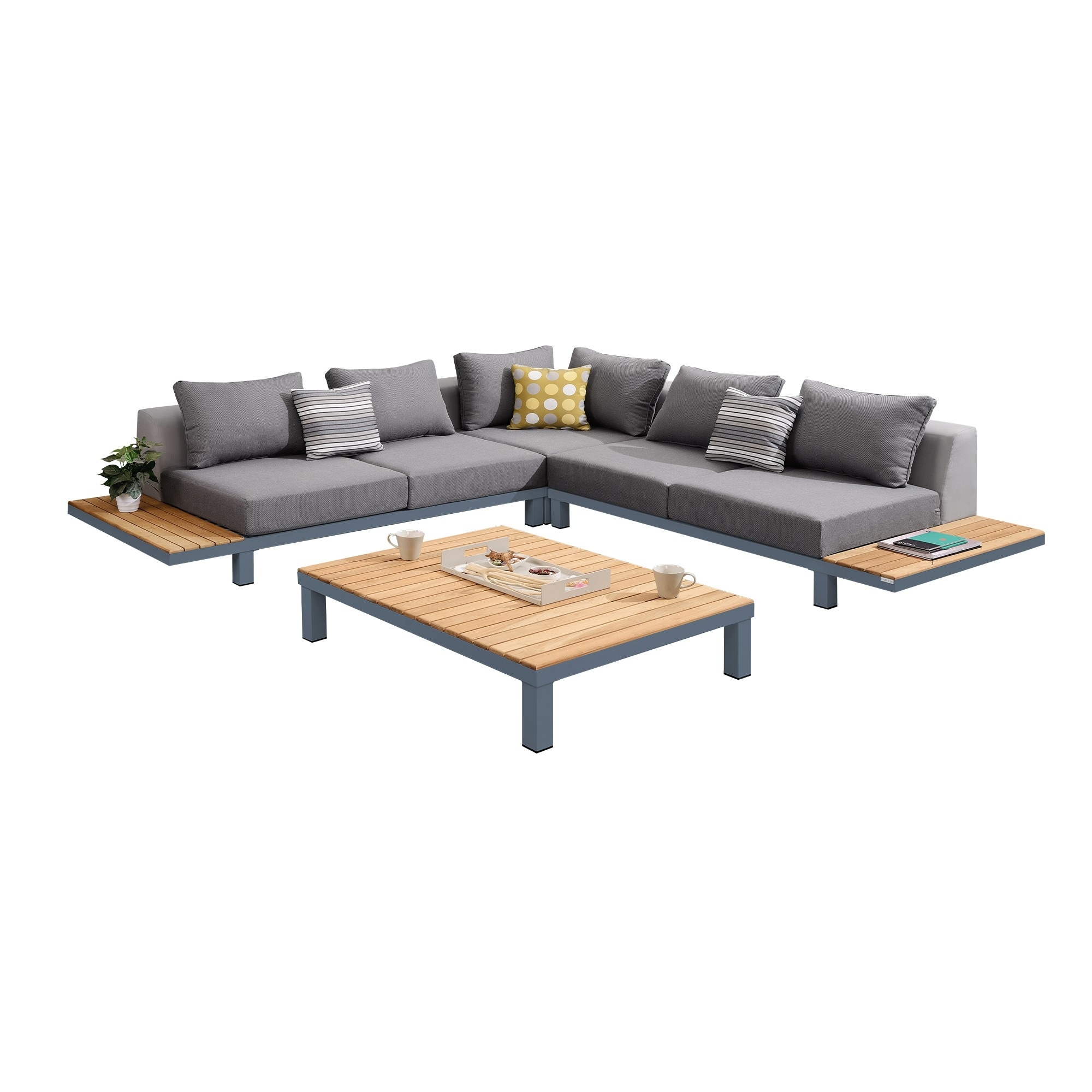 4 Piece Outdoor Sectional With Extended Snack Trays  Gray
