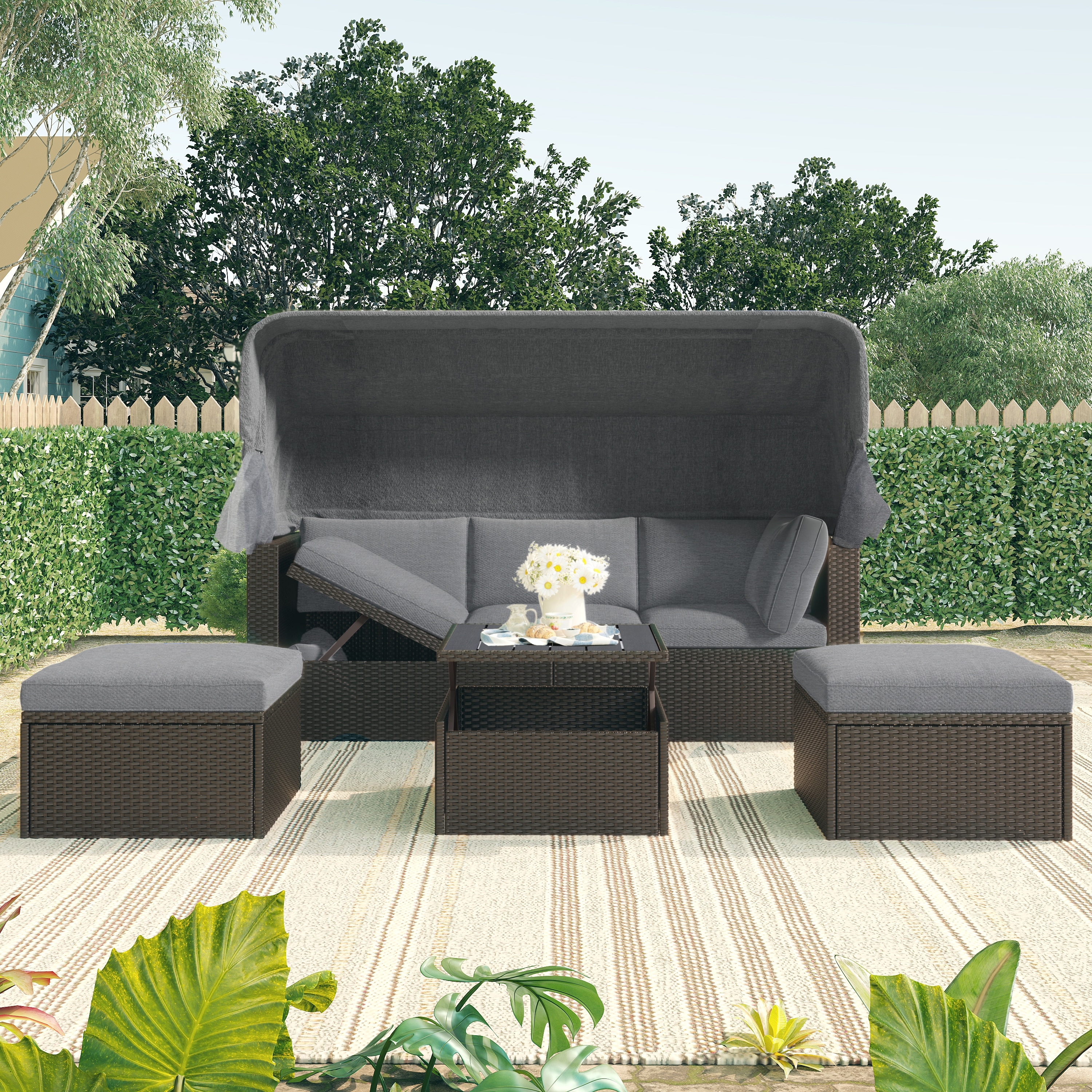 Outdoor Patio Daybed With Retractable Canopy  Washable Cushions  Ideal For Backyard Or Porch Seating