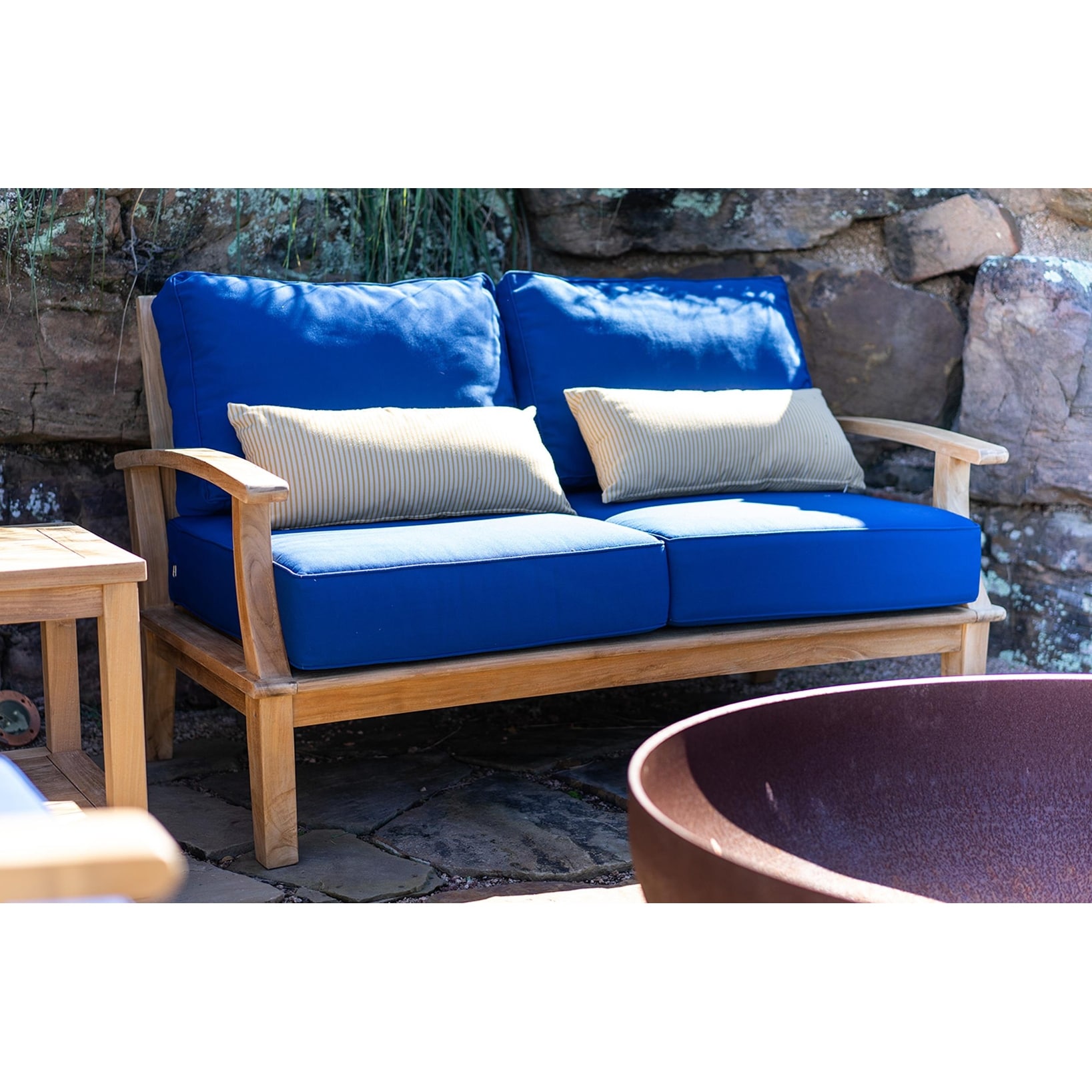 Poshpollen Laurel Navy Teak 57 Outdoor Sofa With Cushions
