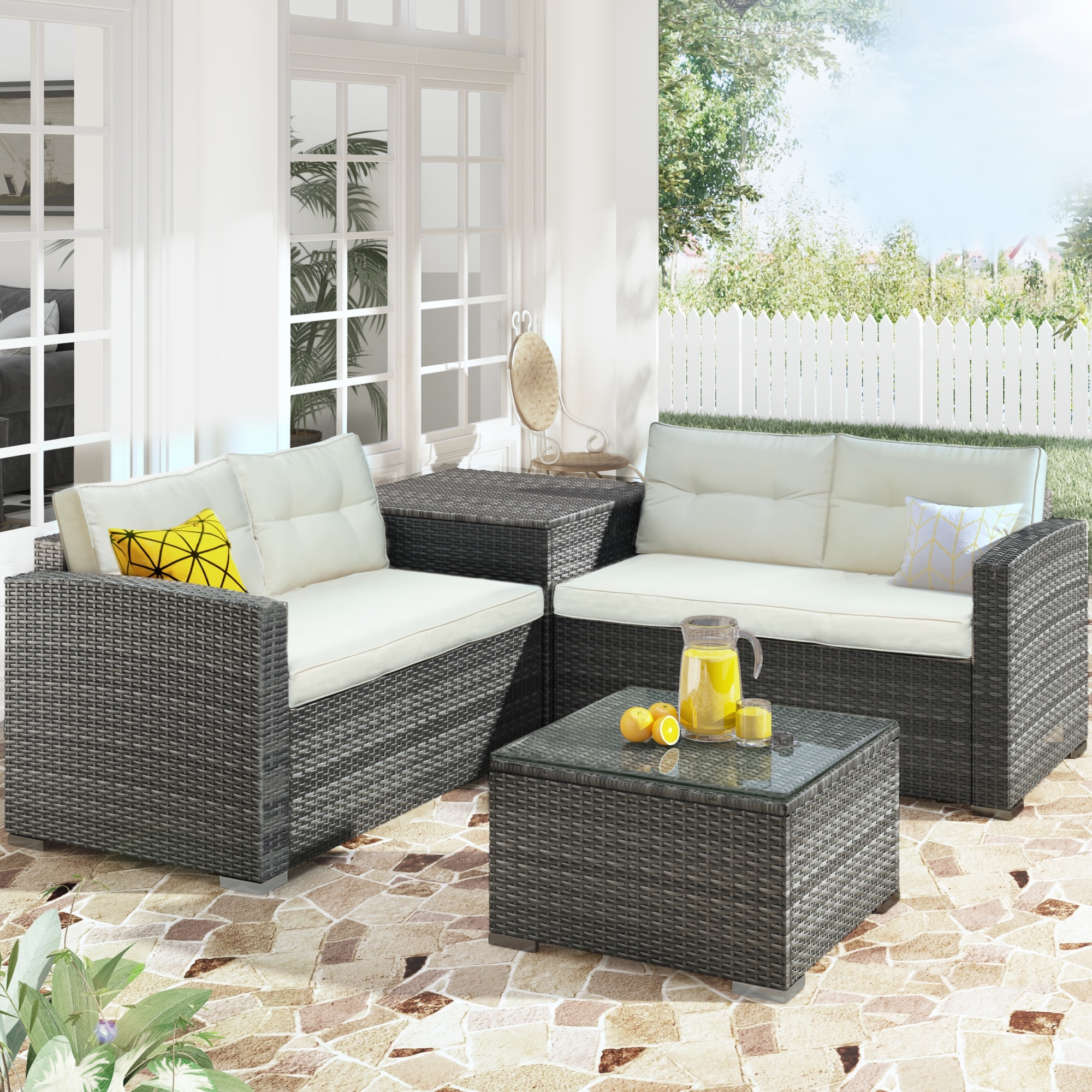 Modern 4 Piece Outdoor Patio Furniture Pe Rattan Loveseat Set With Large Storage Box And Glass Table  Deep Seating Design