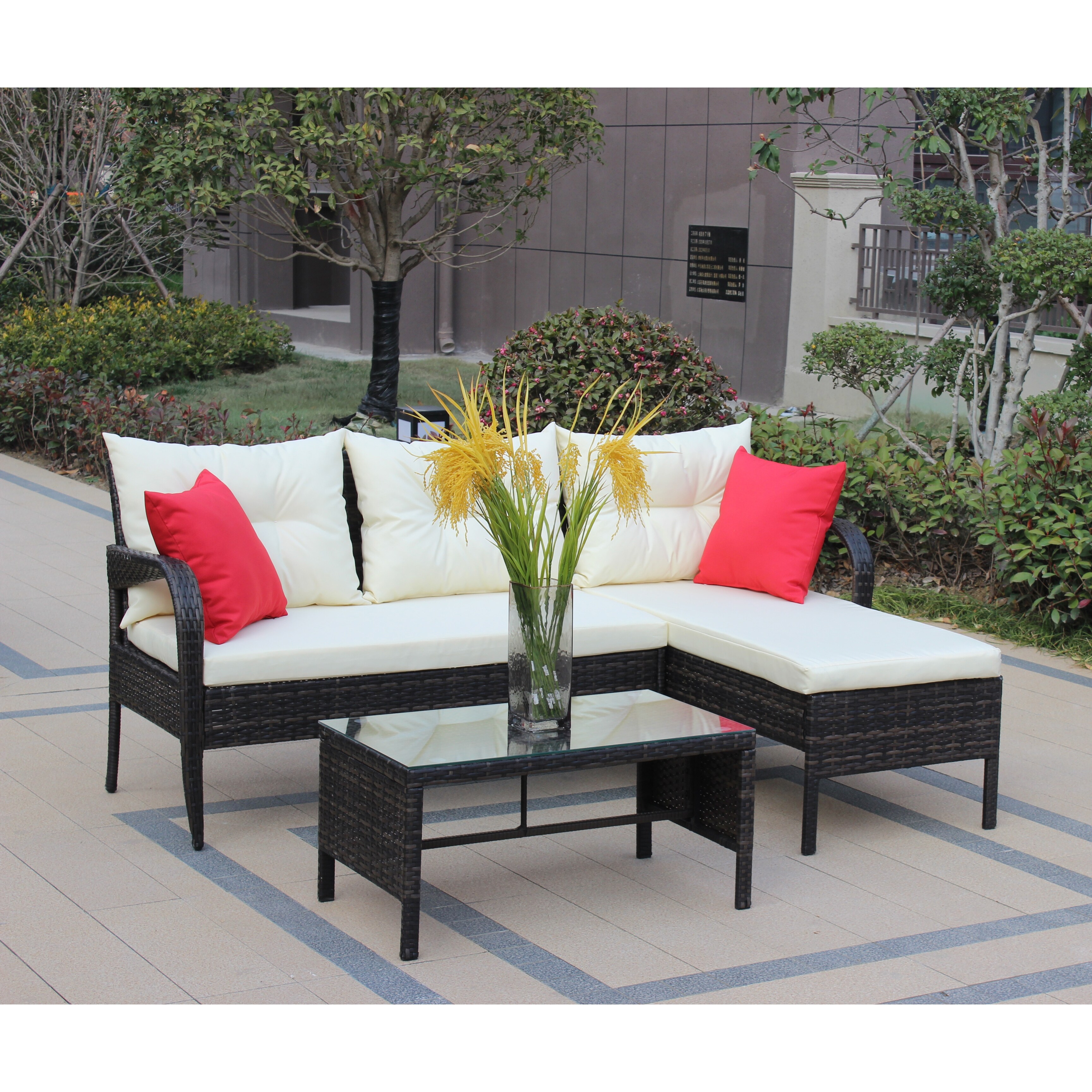 3-pieces Outdoor Patio Furniture Sets For 3-4  Wicker Rattan Sectional Conversation Set With 2 Seat Cushions and 3 Back Cushions