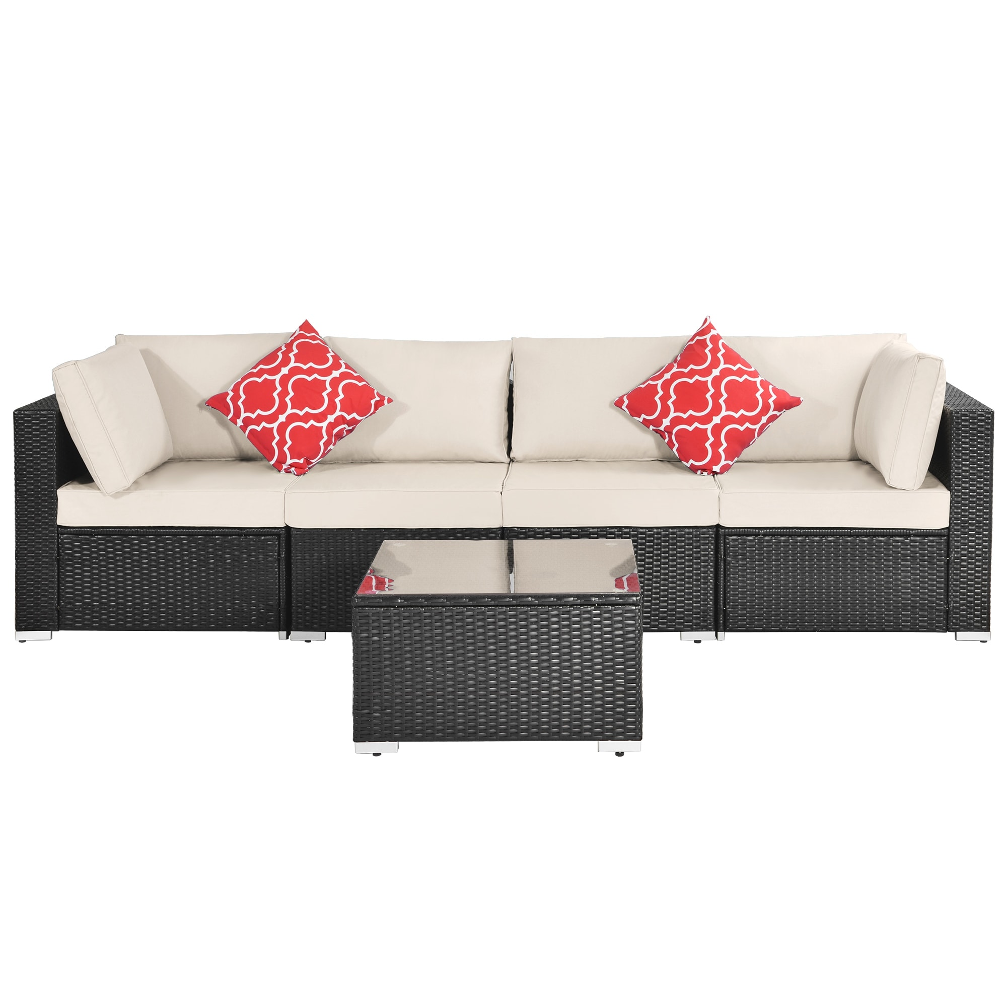 Outdoor Garden Patio Furniture 5-piece Pe Rattan Wicker Sectional Cushioned Sofa Sets With 2 Pillows And Coffee Table
