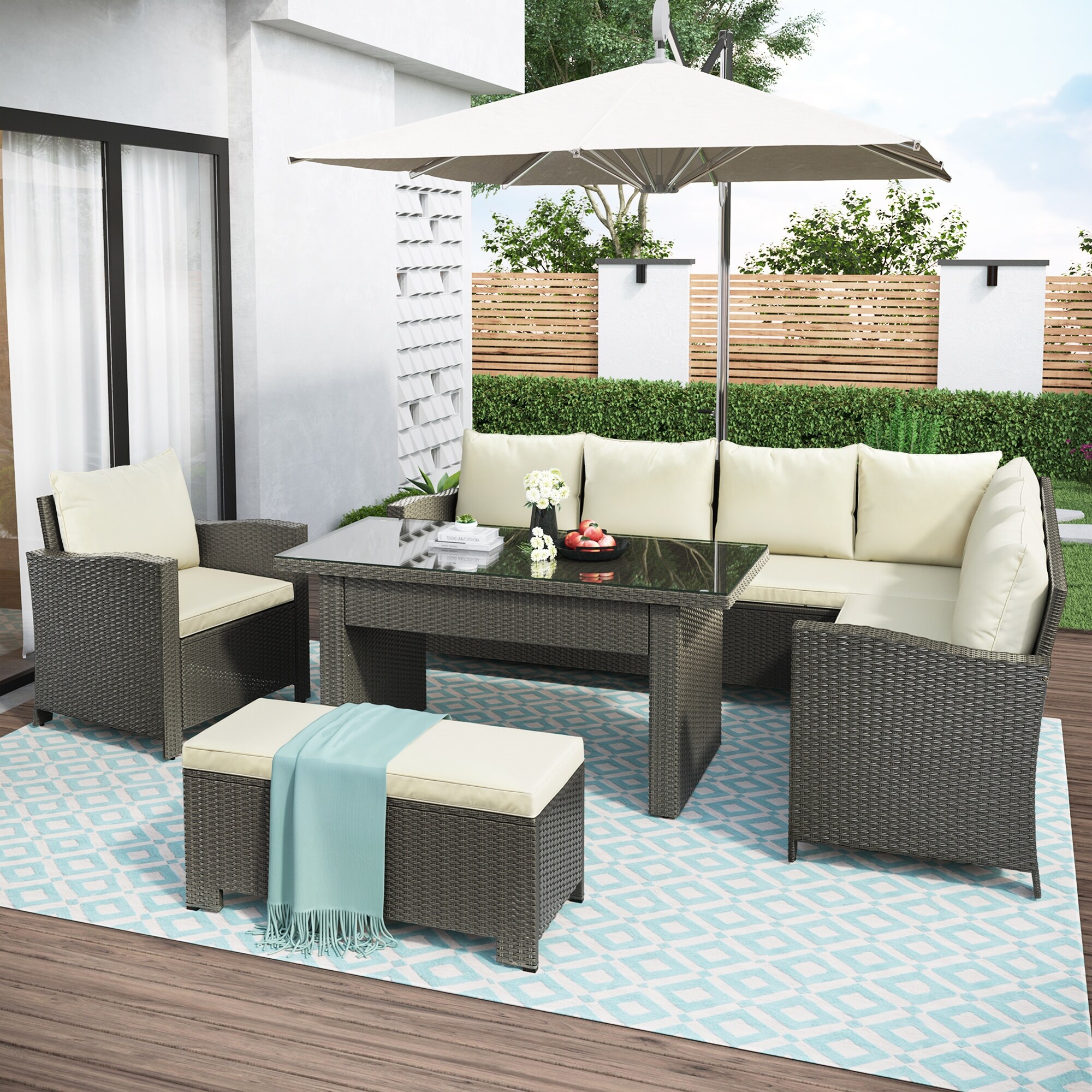 White 6-piece Outdoor Patio Furniture Sectional Sofa Set With Dining Table  Chairs  And Bench  With Comfortable Cushions