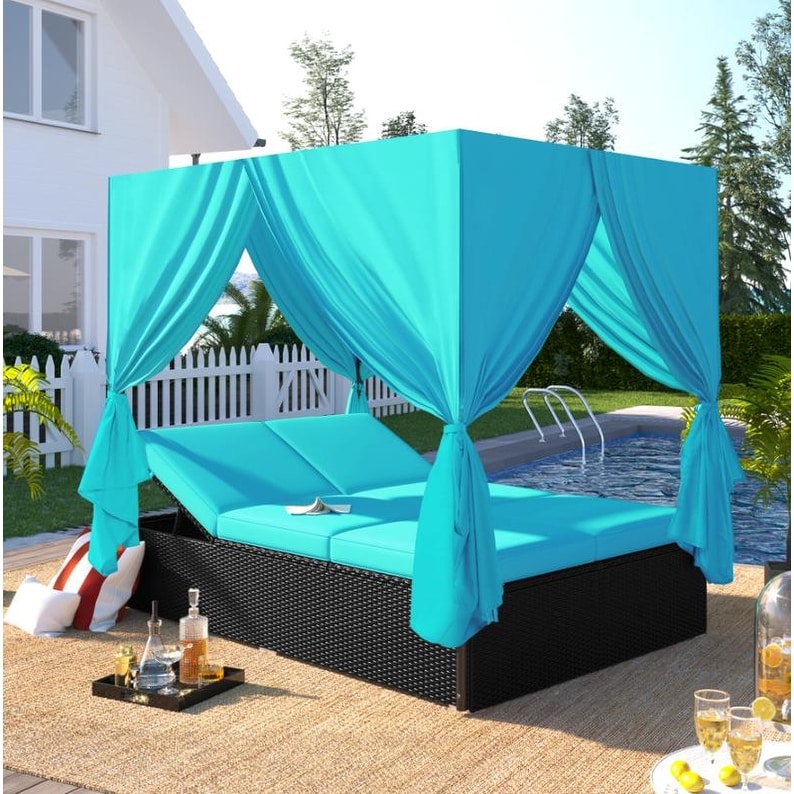 Adjustable Outdoor Wicker Sunbed Daybed With Cushions  Water-resistant