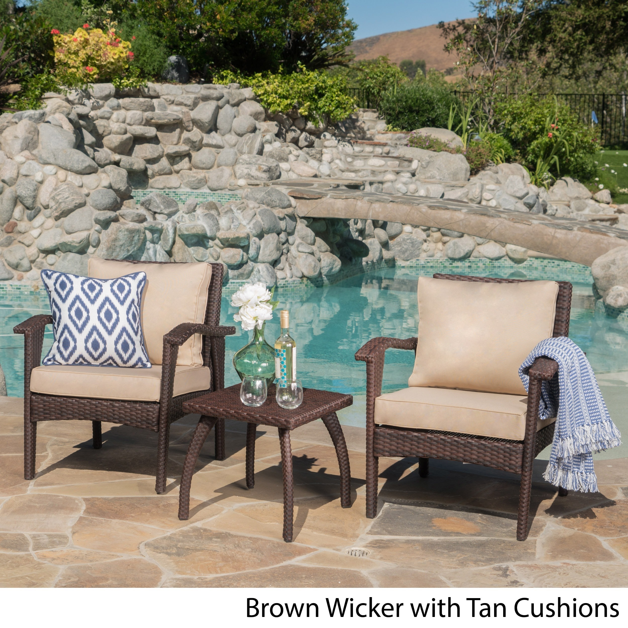 Honolulu Outdoor 3-piece Wicker Chat Set With Cushions By Christopher Knight Home
