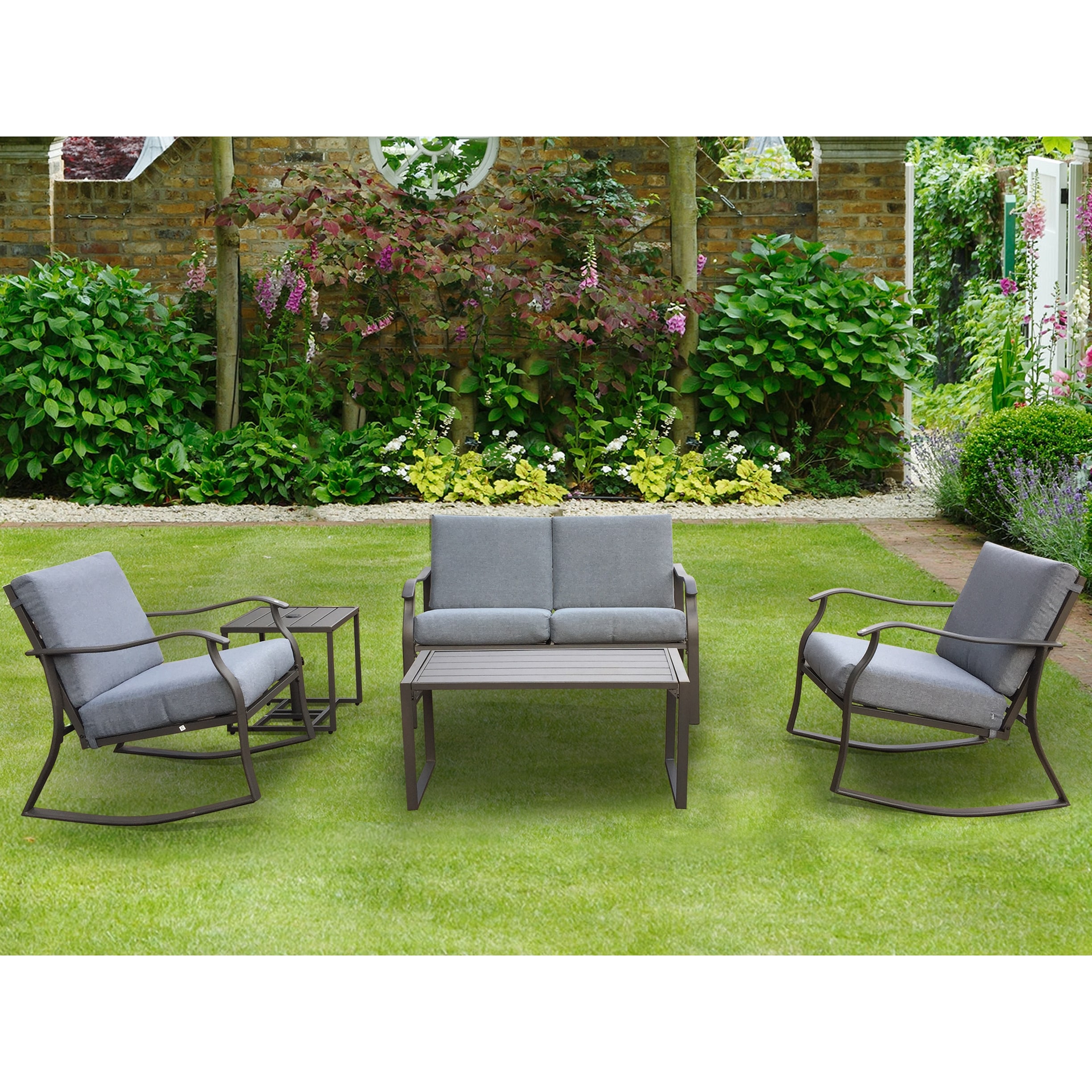 Outdoor Patio 5-piece Furniture Set Metal Loveseat Rocker Chairs Set With Table and Cushions