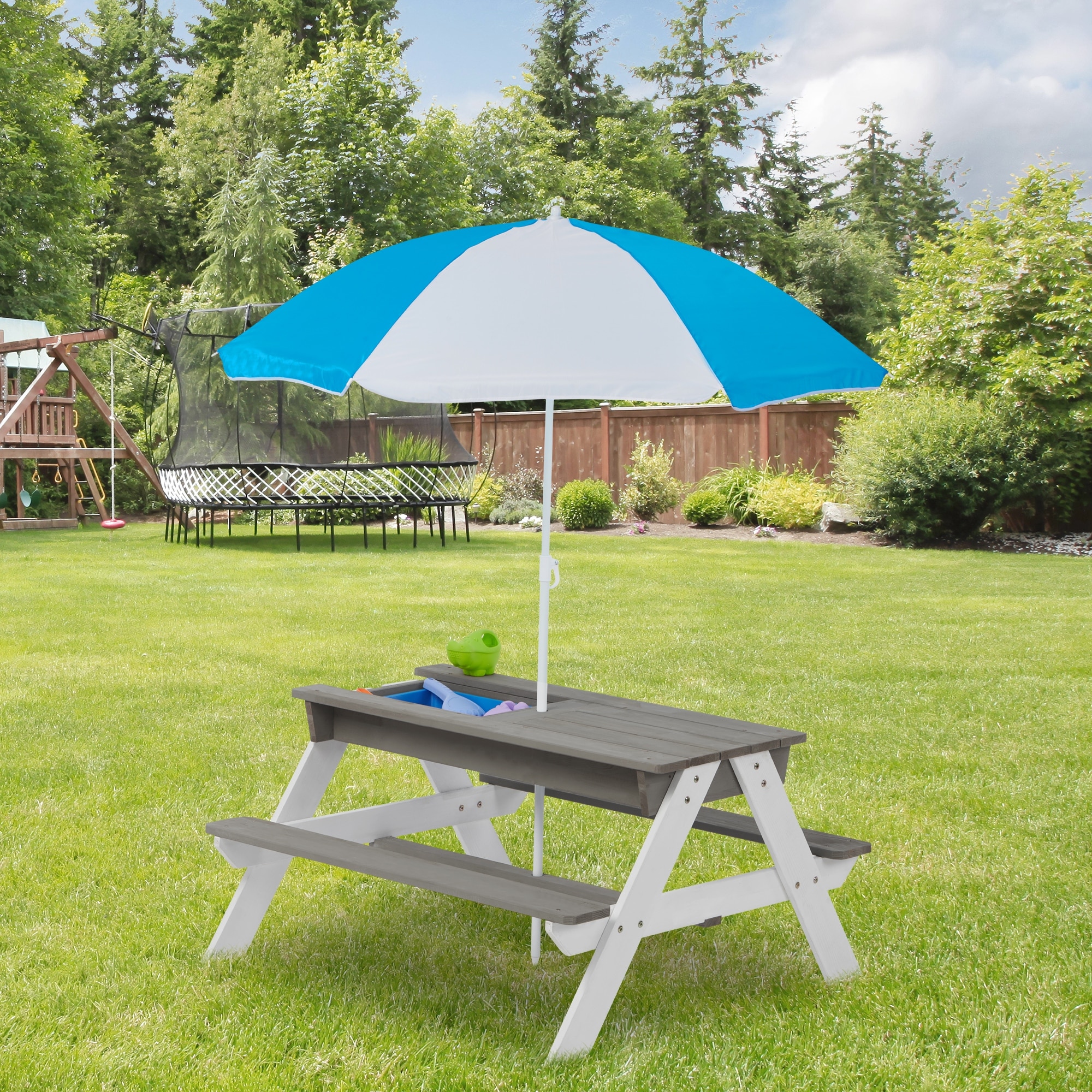 3-in-1 Kids Outdoor Wooden Picnic Table  Conversation Sets  With Umbrella  Convertible Sand and Wate  For Garden Backyard Beach