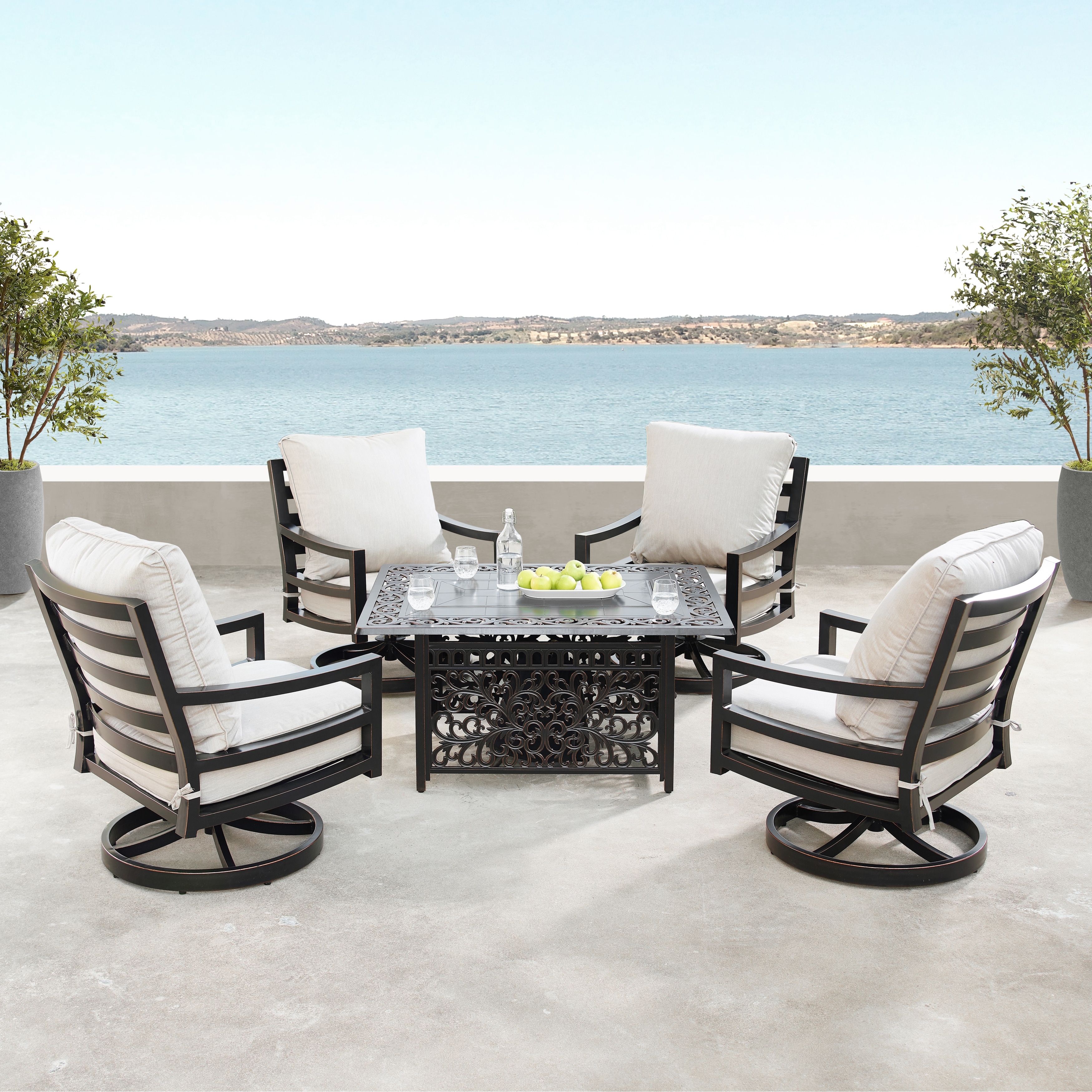 Aluminum 48in Fire Table Set With Four Swivel Rockers and Accessories