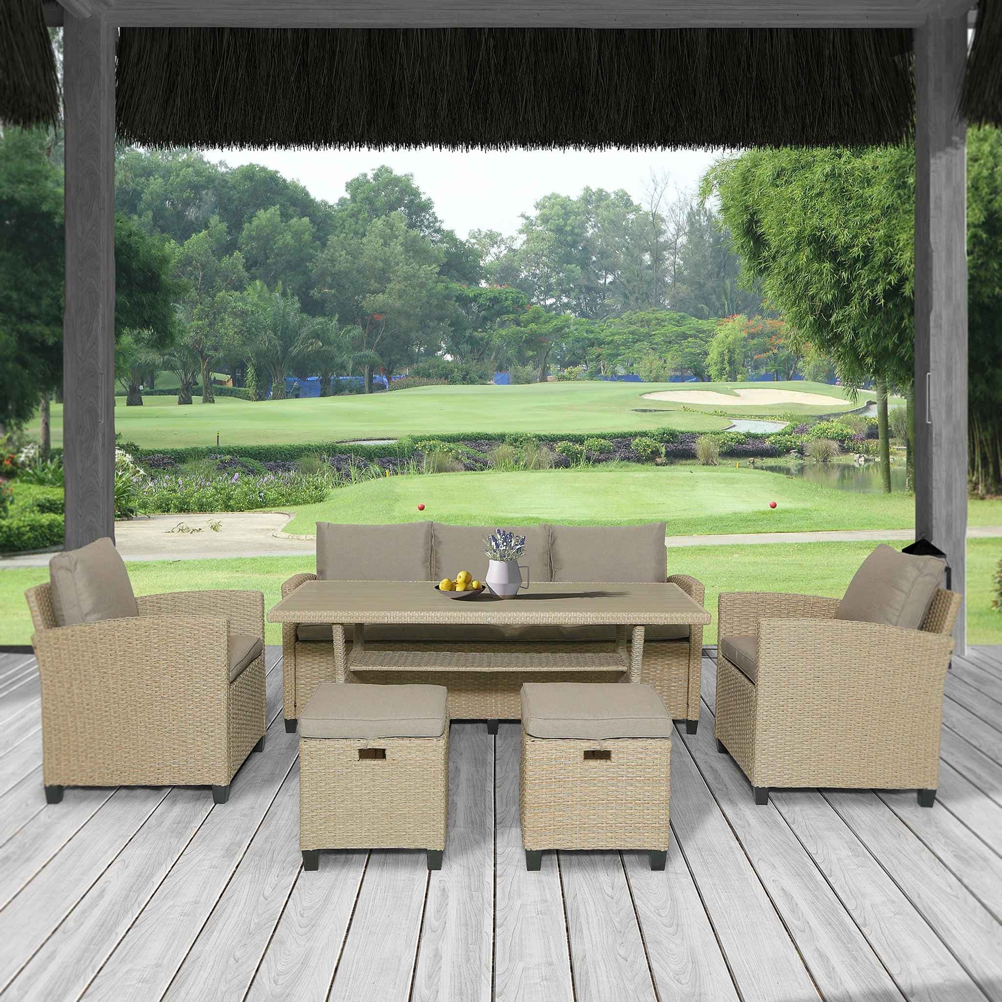 6 Piece Outdoor Rattan Wicker Set Patio Garden Backyard Sofa  Chair  Stools And Table