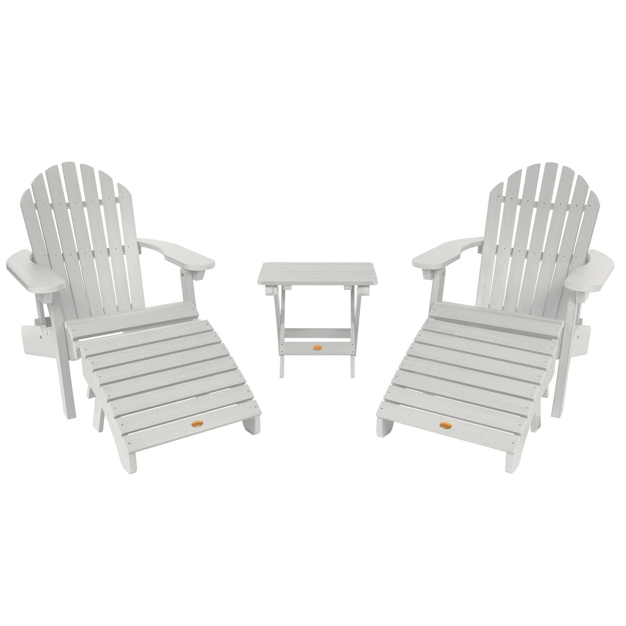2 Reclining Adirondack Chairs With Matching Ottomans And Folding Side Table