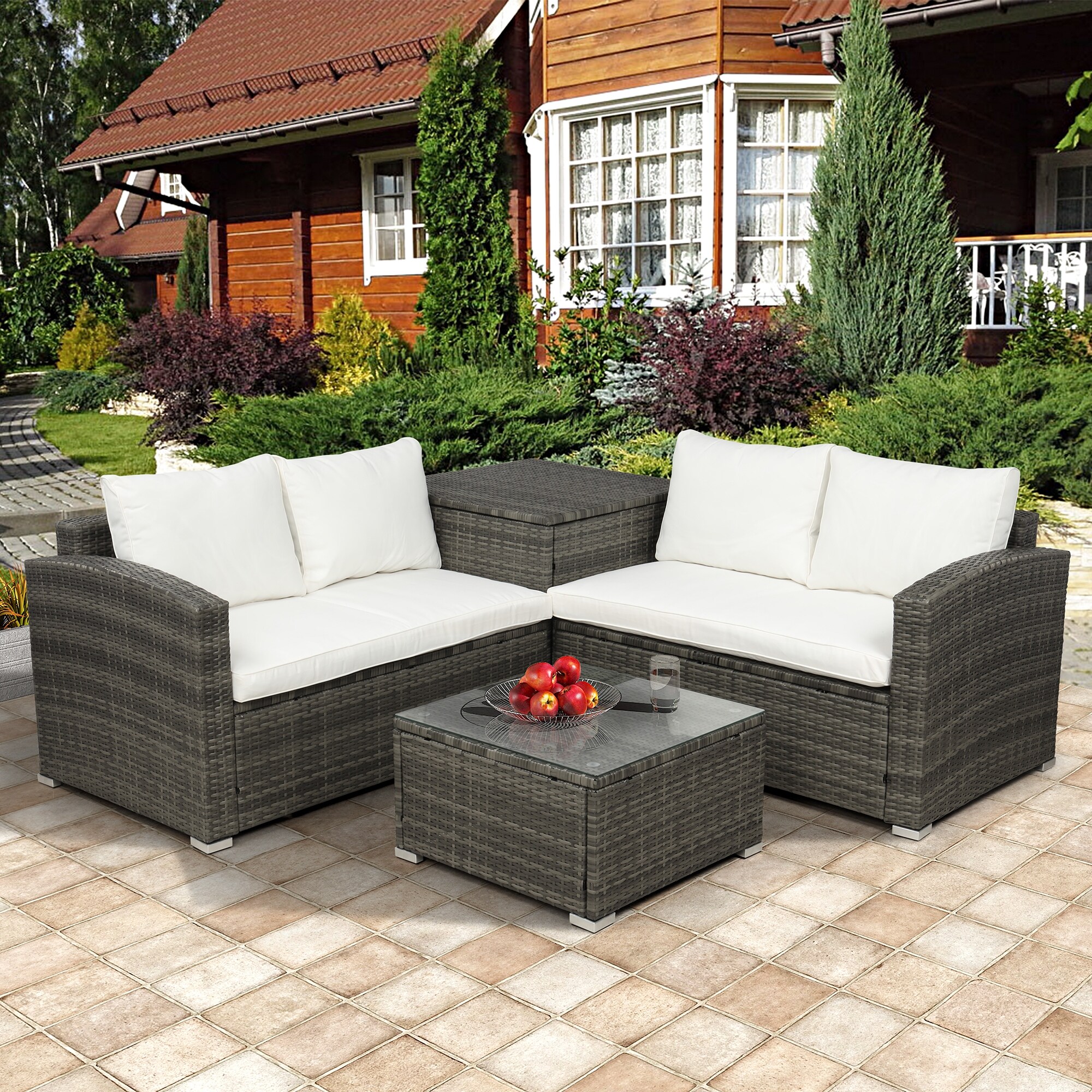 4-piece Outdoor Cushioned Pe Rattan Wicker Sectional Sofa Set