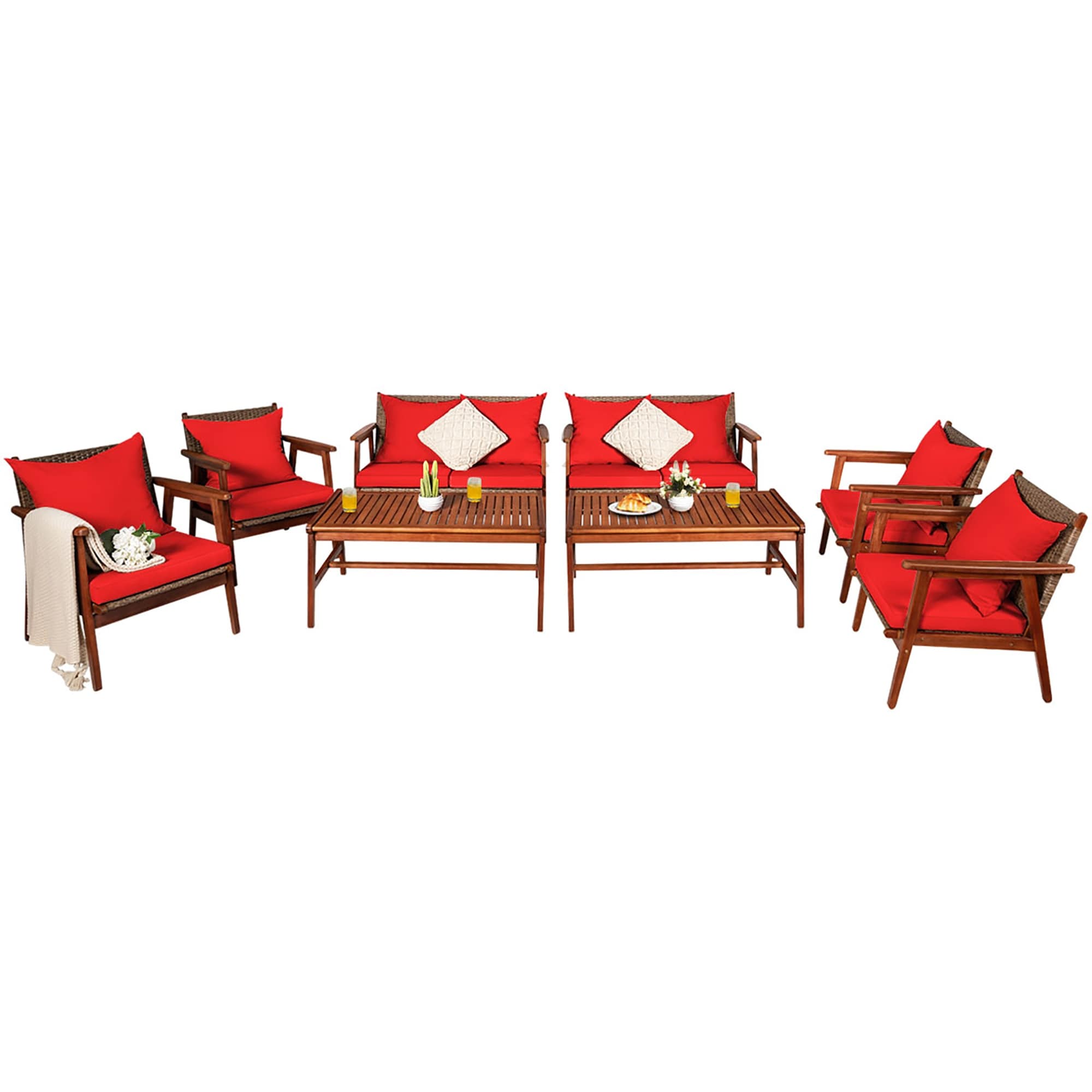 8pcs Patio Rattan Furniture Set Acacia Wood Frame Cushioned Sofa Chair